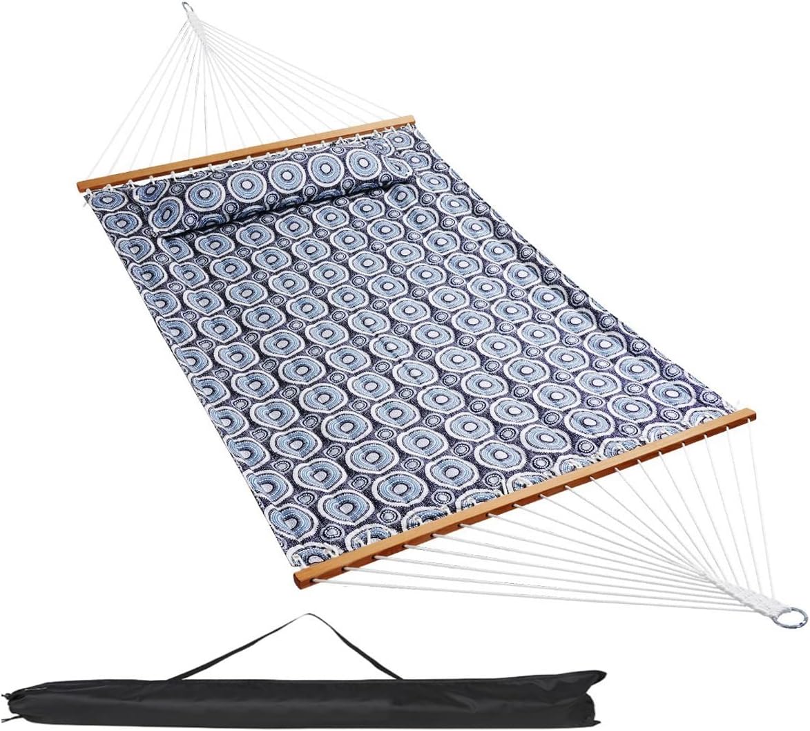 VALLEYRAY Quilted Hammock with Spreader Bars, Double Hammock with Pillow, Quilted Fabric Hammock with Wooden Spreader Bar and Chains for 2 Persons, 450 Capcity.