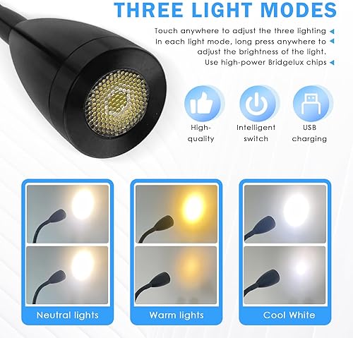 Miniatura 10 de TZnpnor - Paquete de 2 luces LED de noche de 12 a 24 V, puerto de carga USB, cuello de cisne, atenuación táctil, foco giratorio de 360 para cámper,