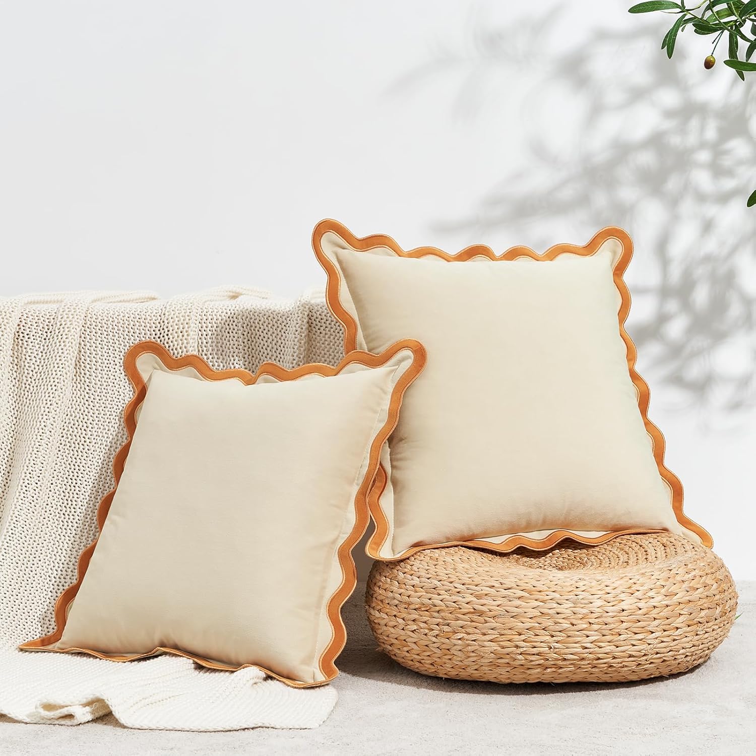 MONDAY MOOSE Decorative Throw Pillow Covers Cushion Cases, Set of 2 Soft Velvet Scalloped Wavy Edge Designs, Mix and Match for Home Decor, Pillow Inserts Not Included (18x18 inch, Honey/Cream)