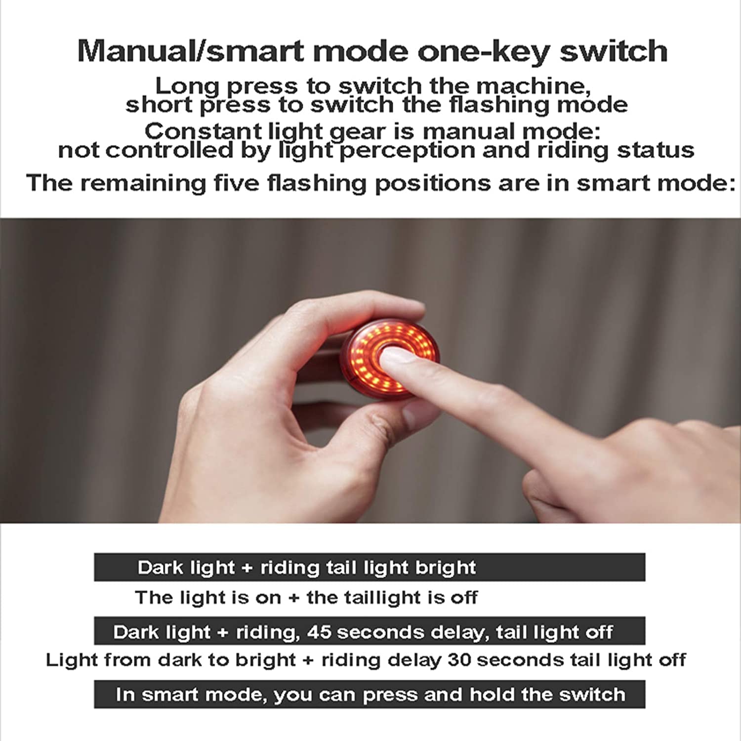 Luce posteriore for bici intelligente, luci posteriori con rilevamento del freno Luce for bici Ricaricabile Accensione/spegnimento automatico Luci for bicicletta a LED impermeabili 6 modalità d