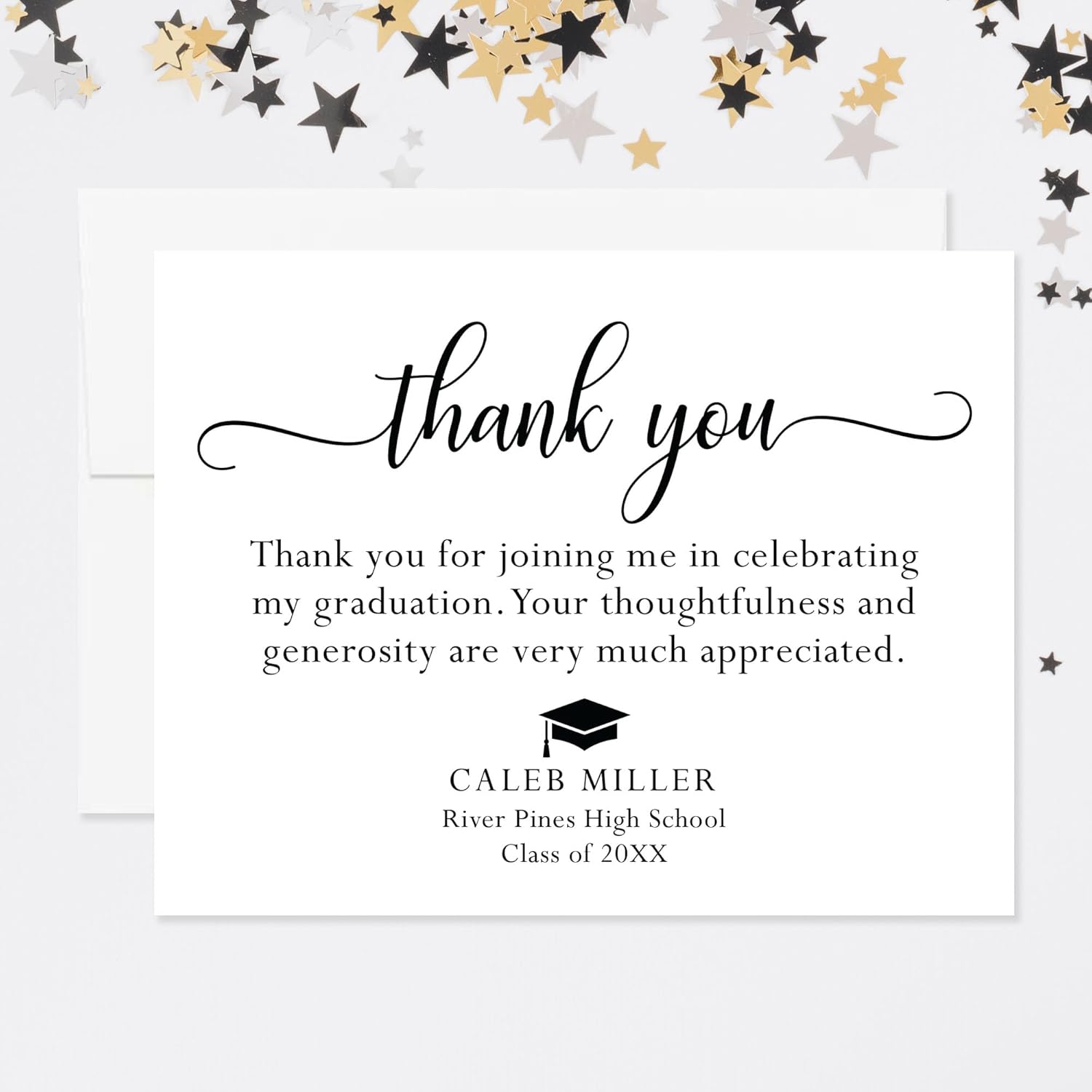 Graduation Thank You Cards Personalized with Name, 5.5x4.25 Black and White Thank You Note Cards, Envelopes Included (Flat Notecard)