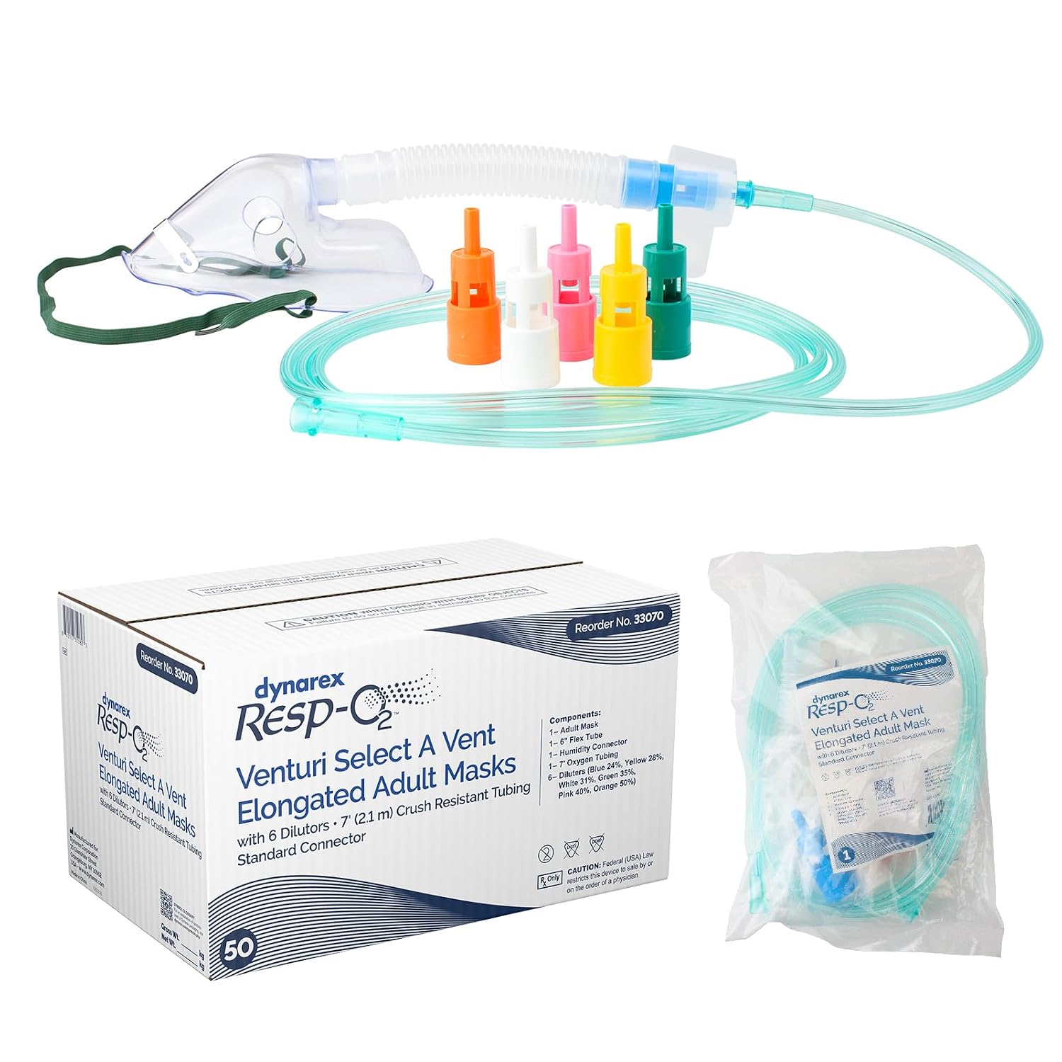 Dynarex 33070 Adult Venturi Select A Vent Elongated Mask with 6 Dilutor and 7' Tubibg, Standard Connector, Pack of 50