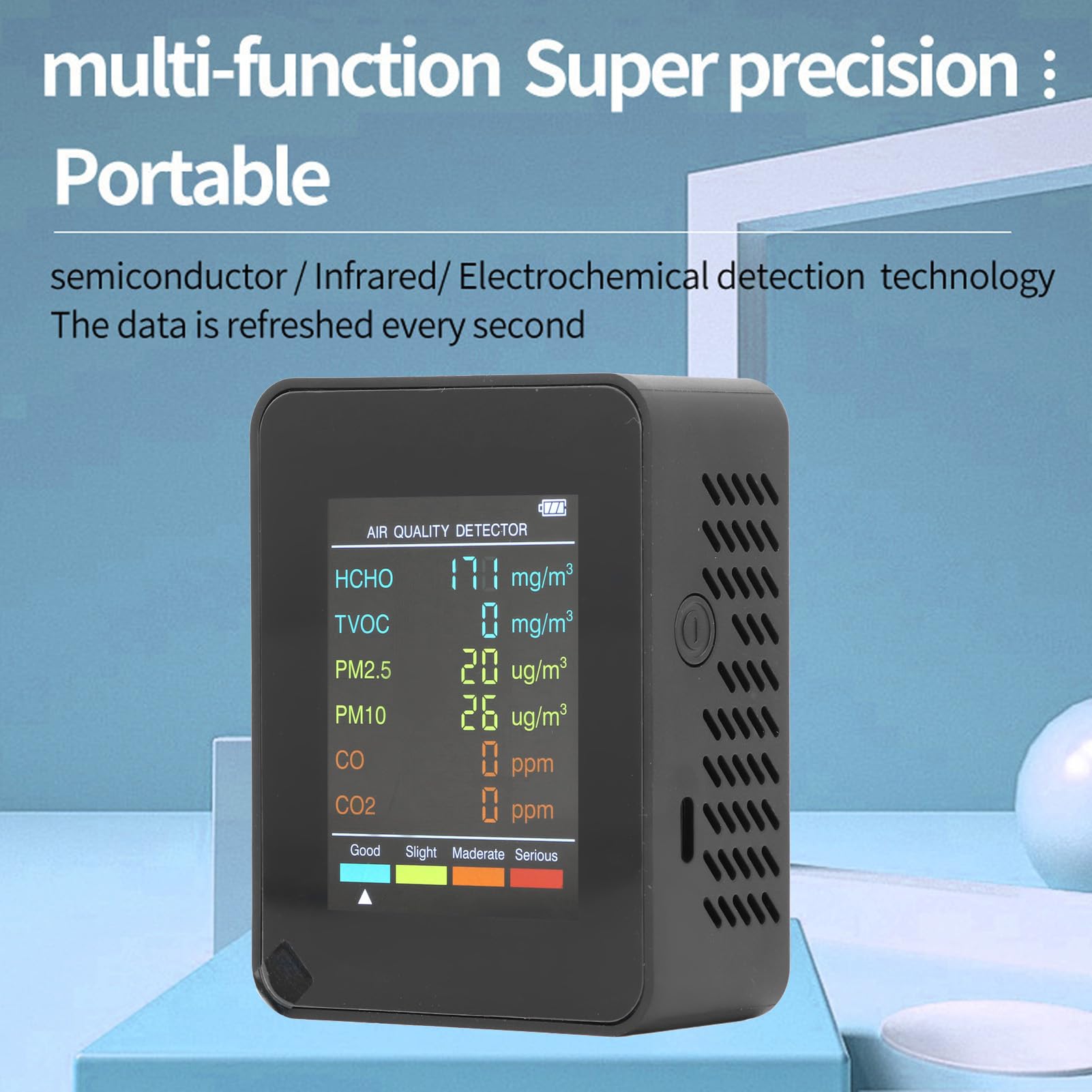 Monitor Jakości Powietrza, CO2 TVOC HCHO PM2.5 PM10 Tester Jakości Powietrza w Pomieszczeniach dla Domu, z Podświetlanym Wyświetlaczem LCD, ładowany Przez USB (BLACK)