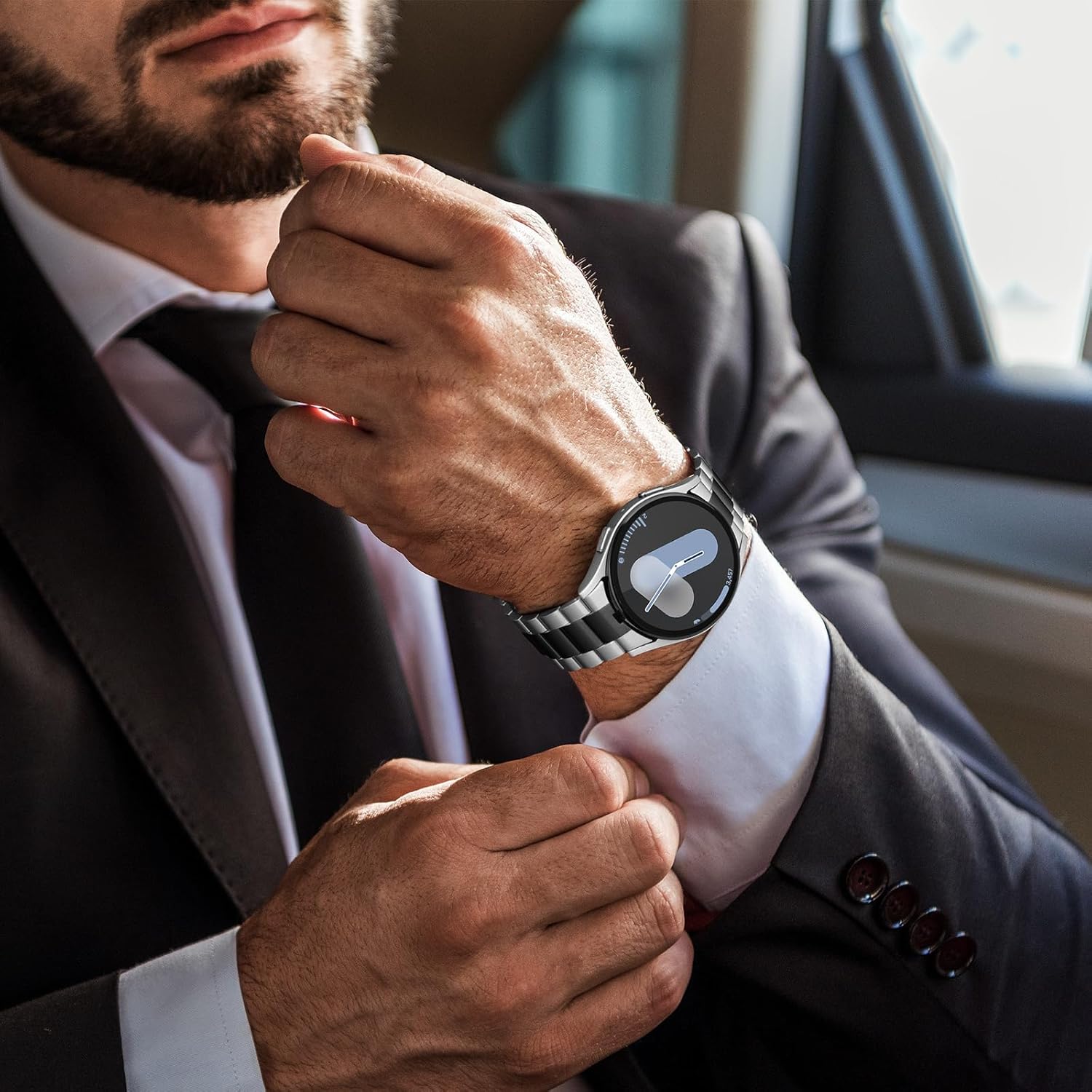 Metal Bands Compatible with Samsung Galaxy Watch 7 6 5 4 FE Band 44mm 40mm/Galaxy Watch 6 Classic 47mm 43mm/5 Pro 45mm, No Gap Stainless Steel Strap for Women and Men, Silver-Black - Image 6