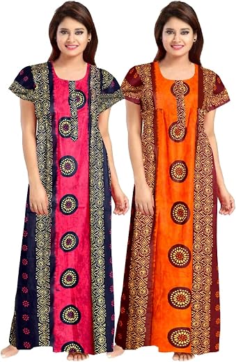 jwf Women's Pure Cotton Printed Nightdresses Maxi Gown Maternity Wear Nighties (Pack of 2 Piece)