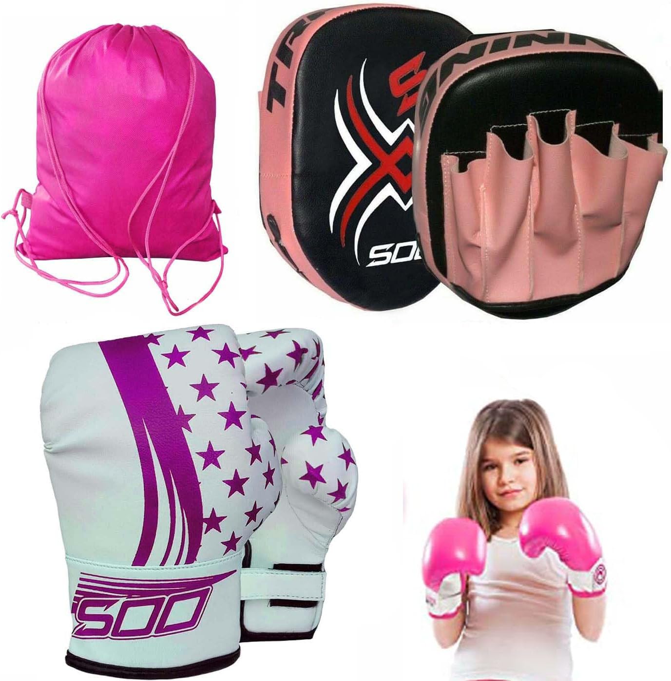 KIds junior Boxing Gloves and Pads Set Pair of Boxing Gloves with Hook and Jabs Mitts Focus Pads, Punching Sets Ideal for Punch Bag MMA Martial Arts Great fun for Chinldren Girls and Boys (Pink)