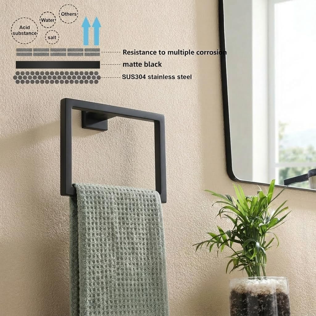 Matte Black Bathroom Hardware Set, 5-Piece Premium SUS304 Stainless Steel Bath Accessories, 23.6 Inch Black Towel Bar Rack, Heavy Duty Square Fixtures for Modern Home
