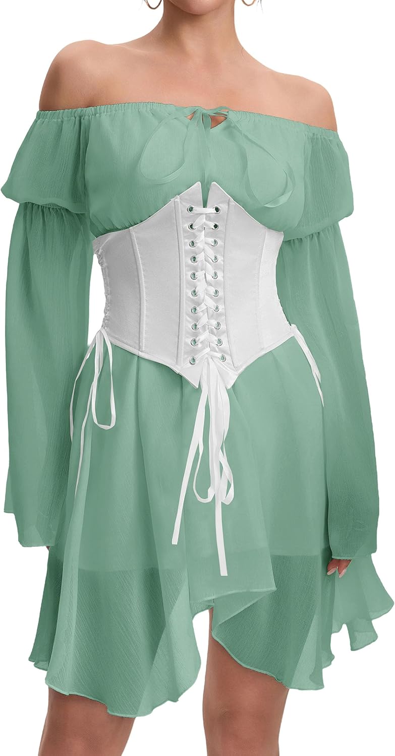 Womens Corset Dresses Off Shoulder Bell Sleeve Casual Party Fairy Two Piece Outfits Bustier Dress - Image 3