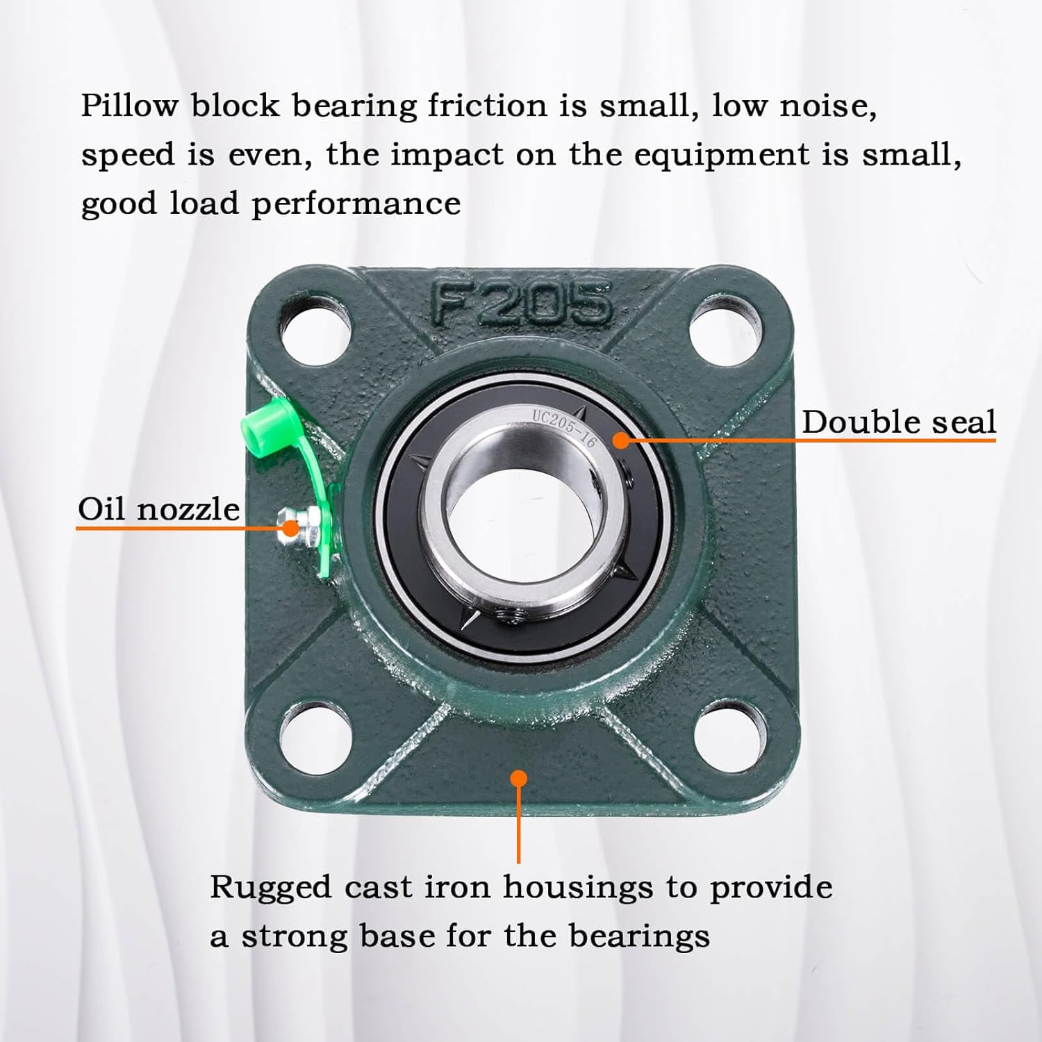 Pillow Block Bearing 1 inch Shaft Bore, Square Flange Mounted UCF205-16 Solid Cast Iron Base, Swamp Cooler Parts, Self-Aligning, 2Pack