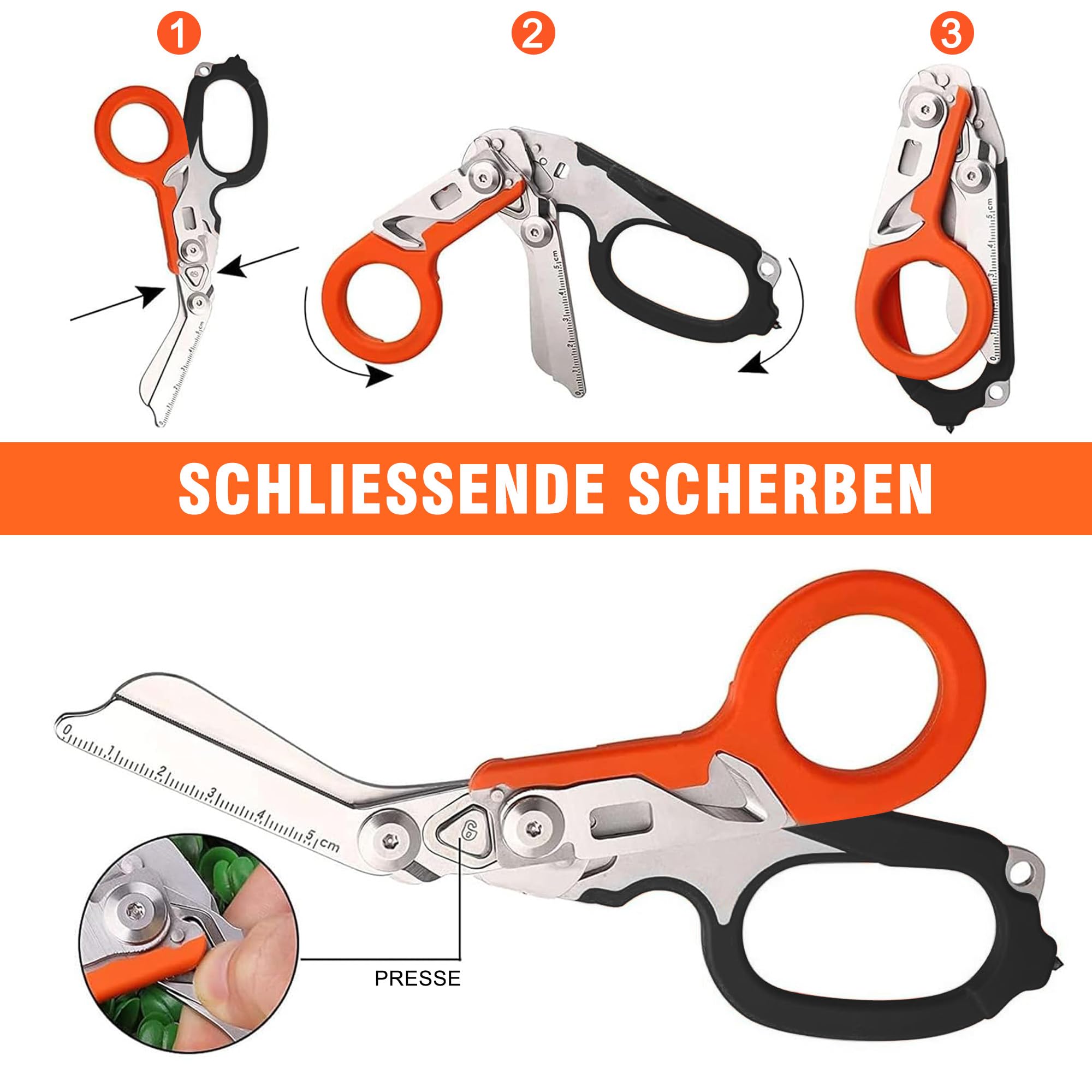 6-in-1 Rettungsschere mit Holster: Faltbare Kleiderschere Rettungsdienst Schere aus Edelstahl mit Gurtschneider und Glasbrecher für Outdoor-Camping Notfallaufgaben