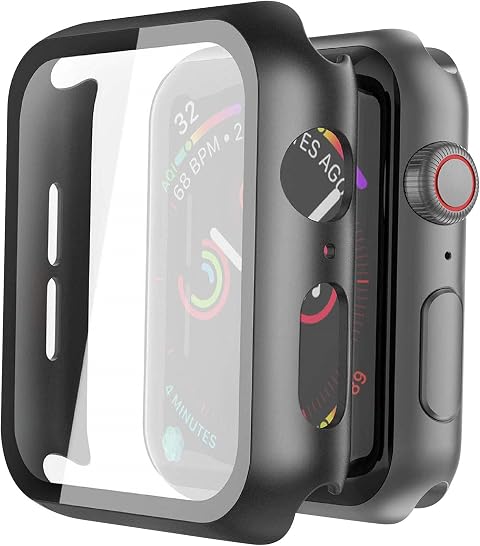 [2 Pezzi] Misxi Nero Cover Con Vetro Temperato per Apple Watch SE3/SE2/SE/Serie 6/Serie 5/Serie 4 40mm, Custodia Rigida Protezione Totale Ultra Sottile HD Clear Pellicola Protettiva Per iWatch