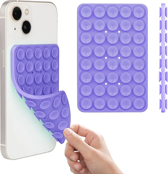 Suction Cup Phone Case Mount, Silicon Adhesive Phone Accessory for iPhone and Android, Double Sided, Hands-Free and Silicon Sticky Phone Grip for Selfies and Videos, Purple