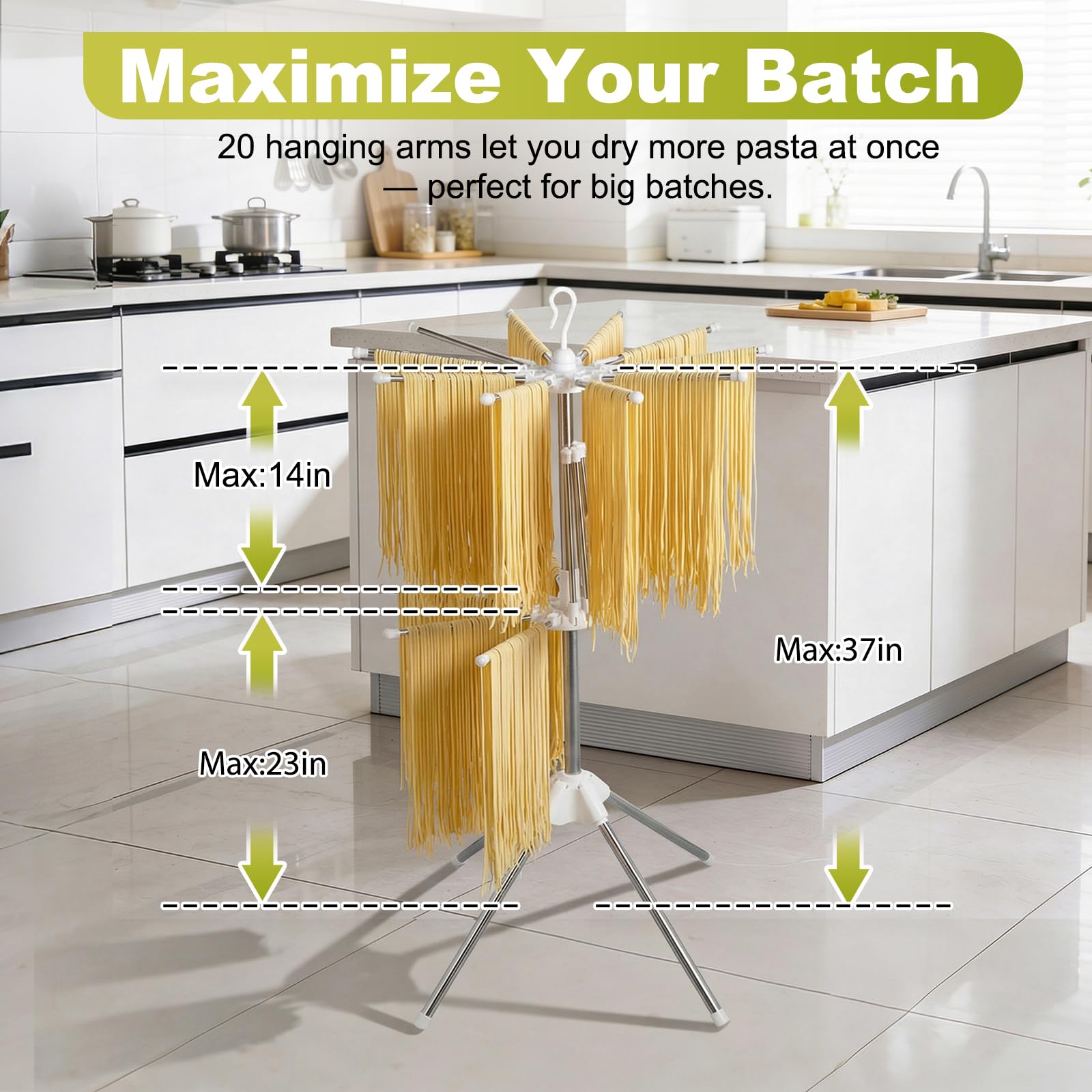 Estante plegable de secado de pasta, estante de doble capa para pasta con 20 brazos, estante de acero inoxidable hecho en casa, estante de secado de fideos para espaguetis frescos, fácil de