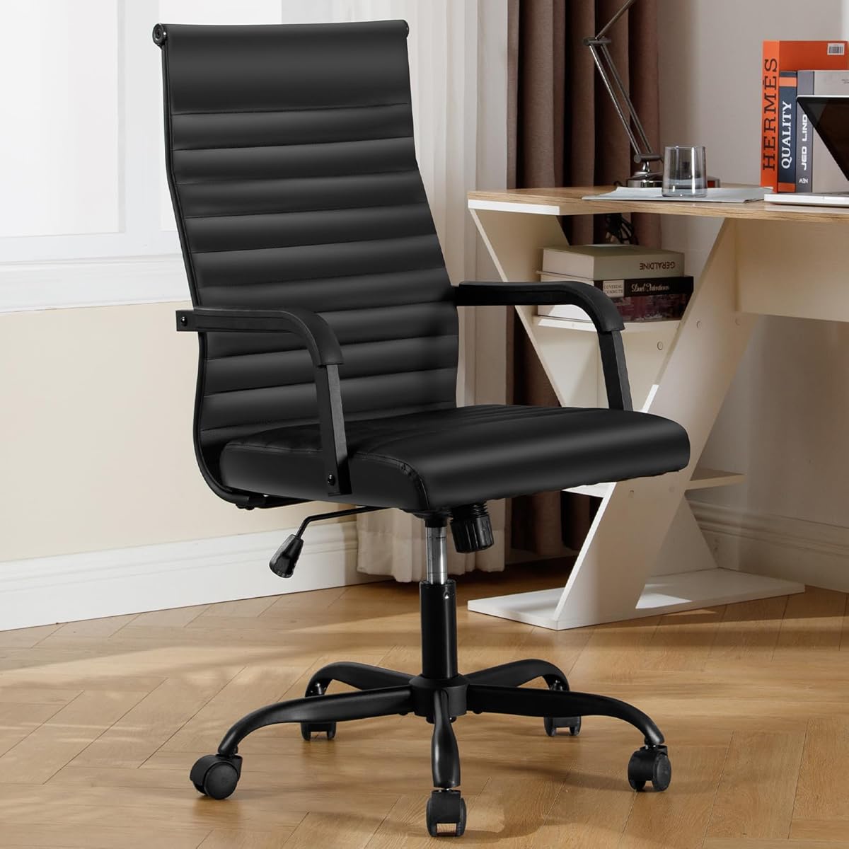 Haranuo Office Chair, Ergonomic Executive Conference Room Chairs, Ribbed Leather Desk Chair with Lumbar Support, Adjustable Height Mid-Back Swivel Chair with Padded Seat and Square Tube Armrests : Office Products
