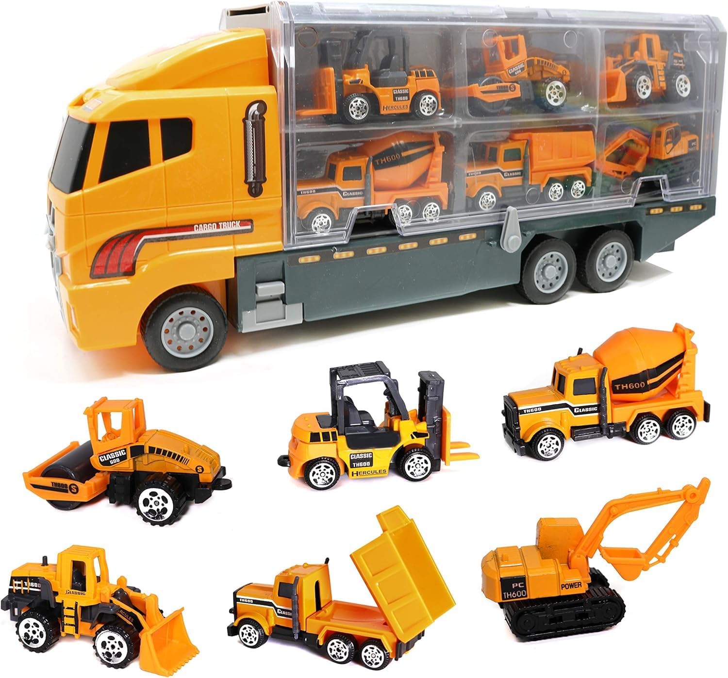 Mumoo Bear Die Cast Emergency Trucks Vehicles Toy Cars Play Set in Carrier Truck - 7 in 1 Transport Truck Emergency Car for Kids Gifts (Construction Vehicle Set)