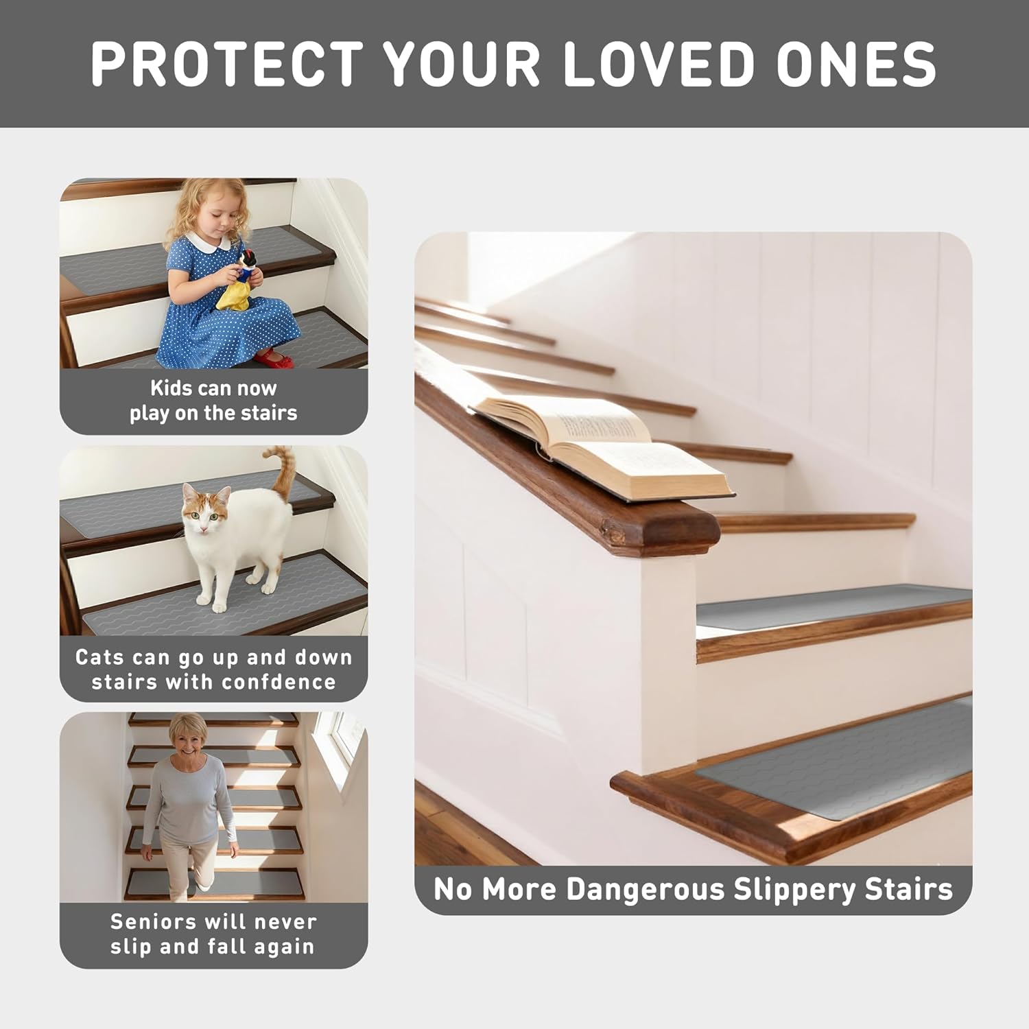 Silicone Stair Runner Carpet Non Slip for Wooden Steps Indoor 8"x30", 15 Pack Reusable Anti Slip Stick On Carpet Stair Treads for Dogs Kids Elders (Grey)