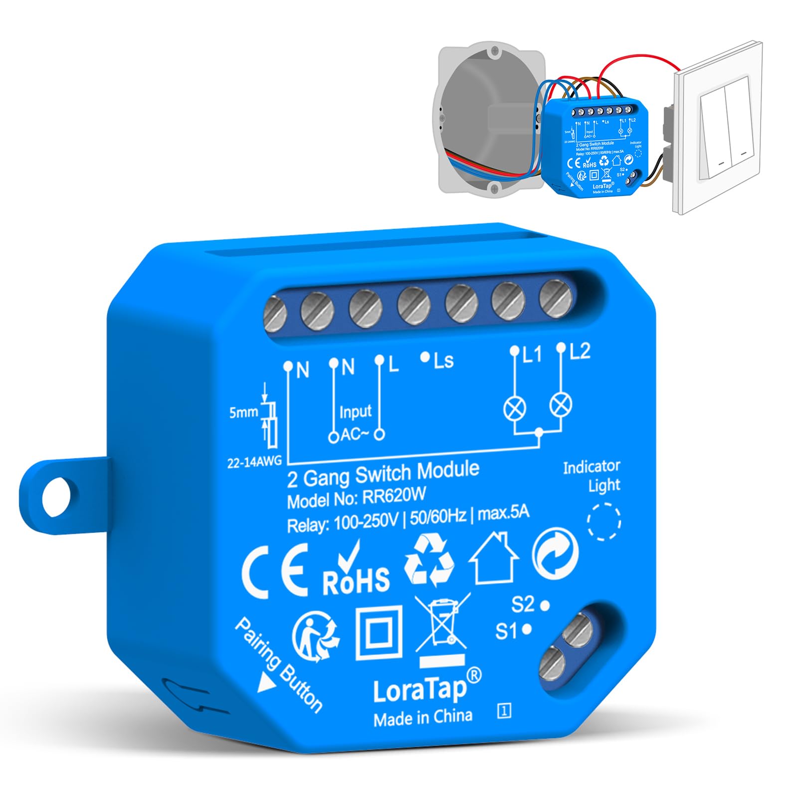 LoraTap Dual Interruptor Inteligente WiFi, 2 Gang, 2 Canales, Conmutador y Paralelo, Receptor 5A 1100W, Inalámbrico Módulo Relé, Alexa Google Home Compatible