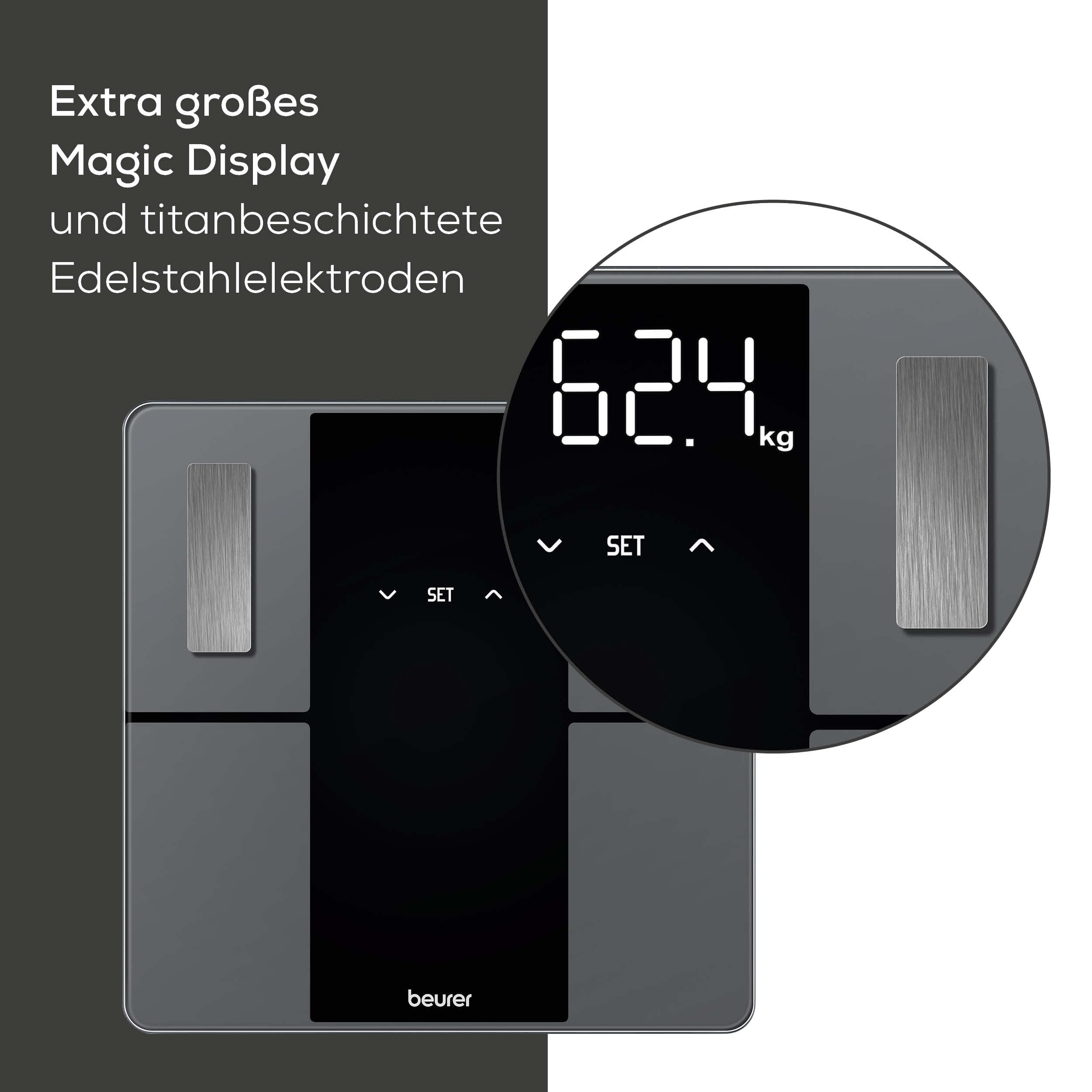 Beurer BF 500 Personenwaage mit Bluetooth & App, digitale Körperfettwaage mit Messung von Körperfett, Muskelanteil, Kalorienbedarf etc., XL-Display, Datenübertragung zu Apple Health & co., bis 180 kg