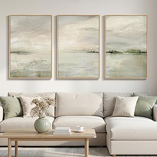 Large Framed Sage Green Abstract Landscape Wall Art for Living Room, 3 P...