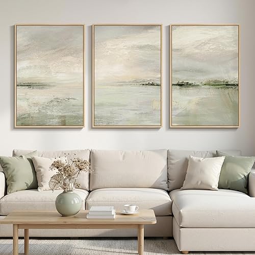 Large Framed Sage Green Abstract Landscape Wall Art for Living