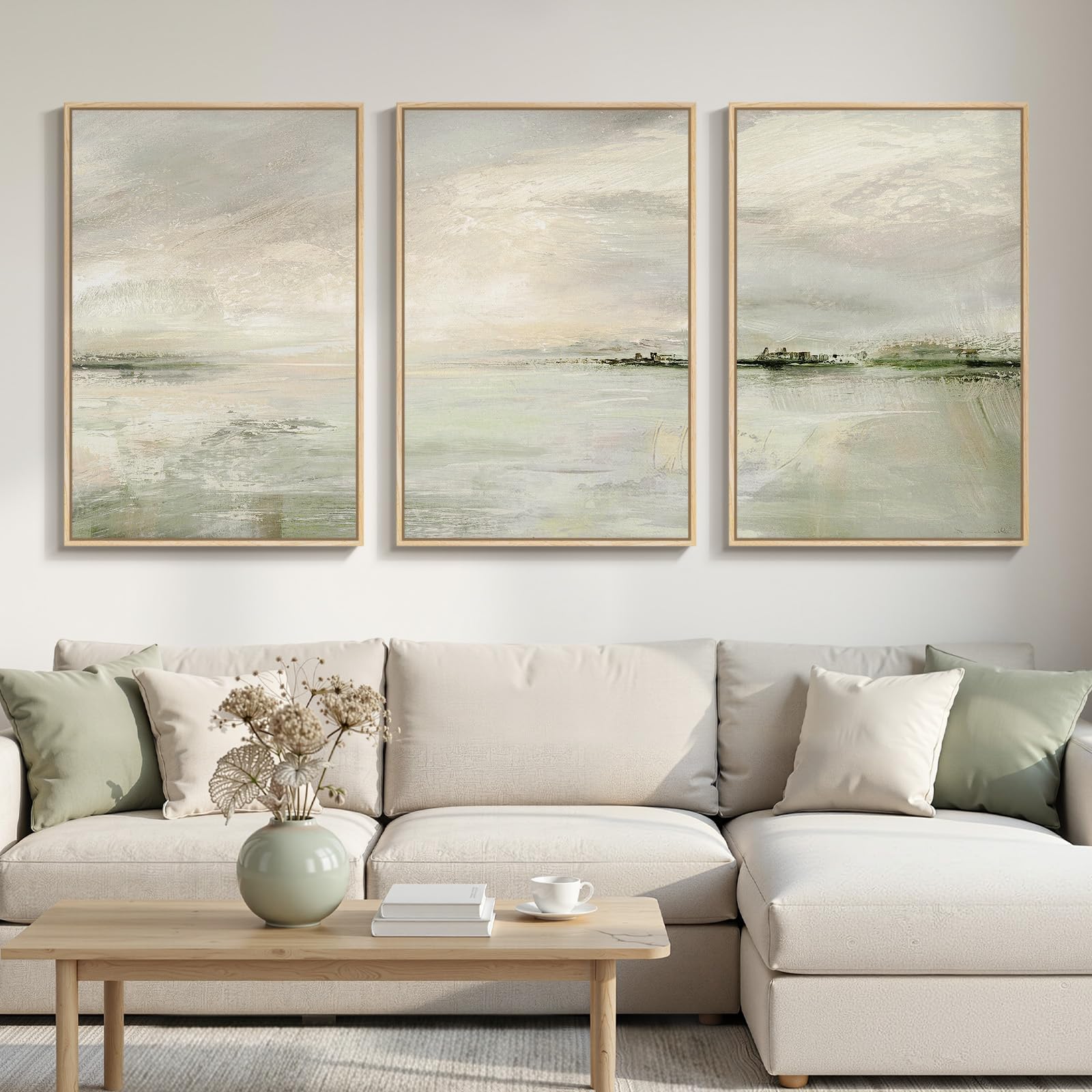 Sage Green Abstract Landscape Triptych Wall Art