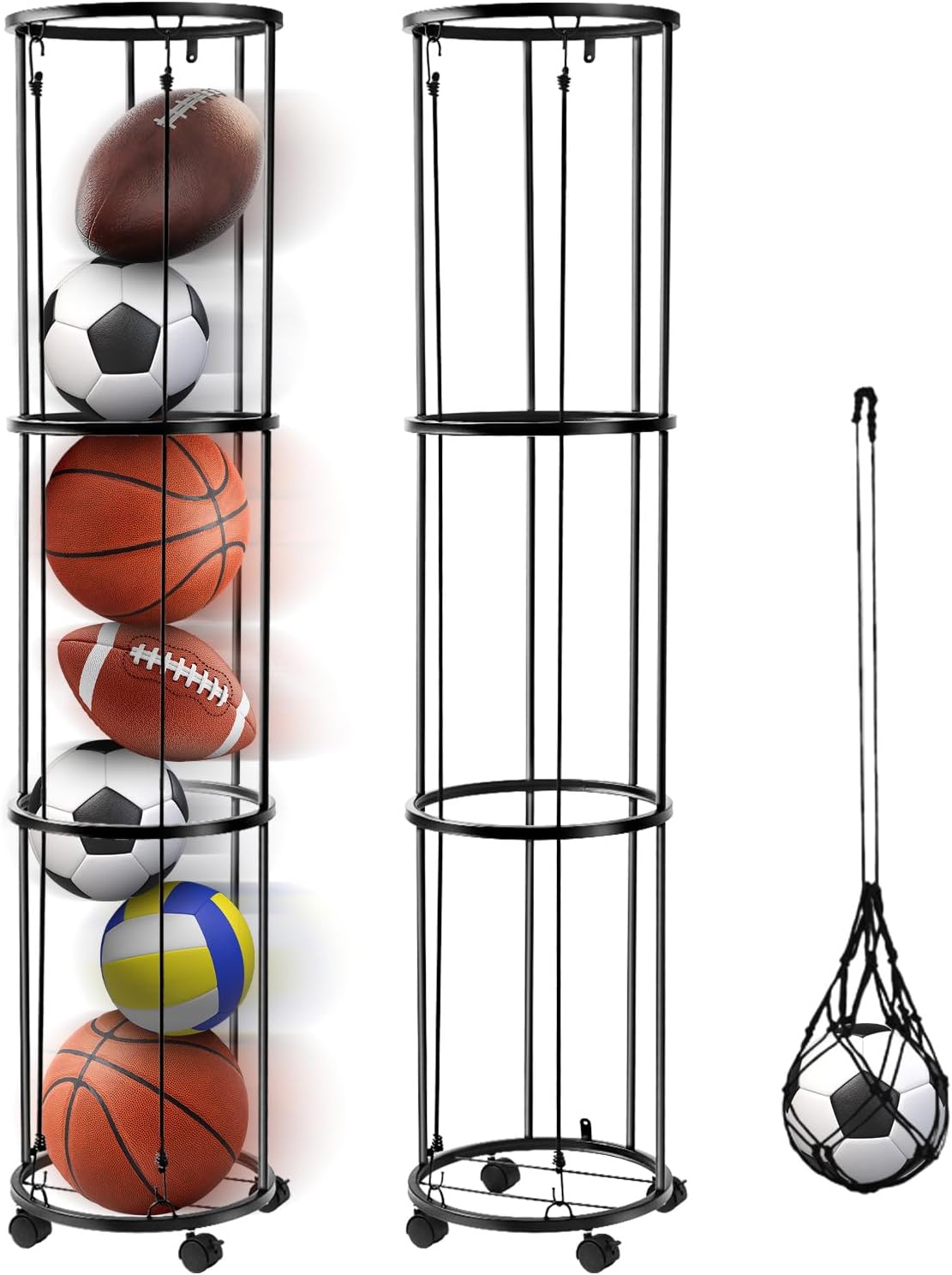 3-Layer Vertical Ball Storage Rack, Garage Ball Storage Rack, Wall-Mounted Basketball Holder - Comes with Mesh Drawstring Ball Bag - Suitable for Football, Volleyball, Soccer, Basketball