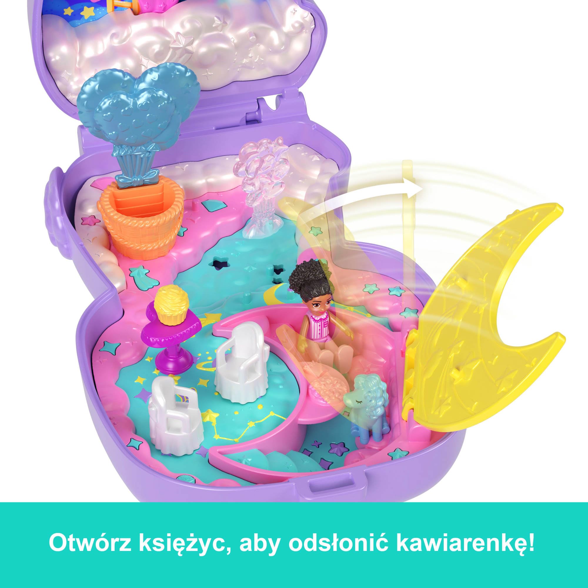 Polly Pocket Lalki i zestaw, kompakt Przytulna Kraina Snów | JCB15 zabawka podróżna, 1 mikro lalka, jednorożec, akcesoria