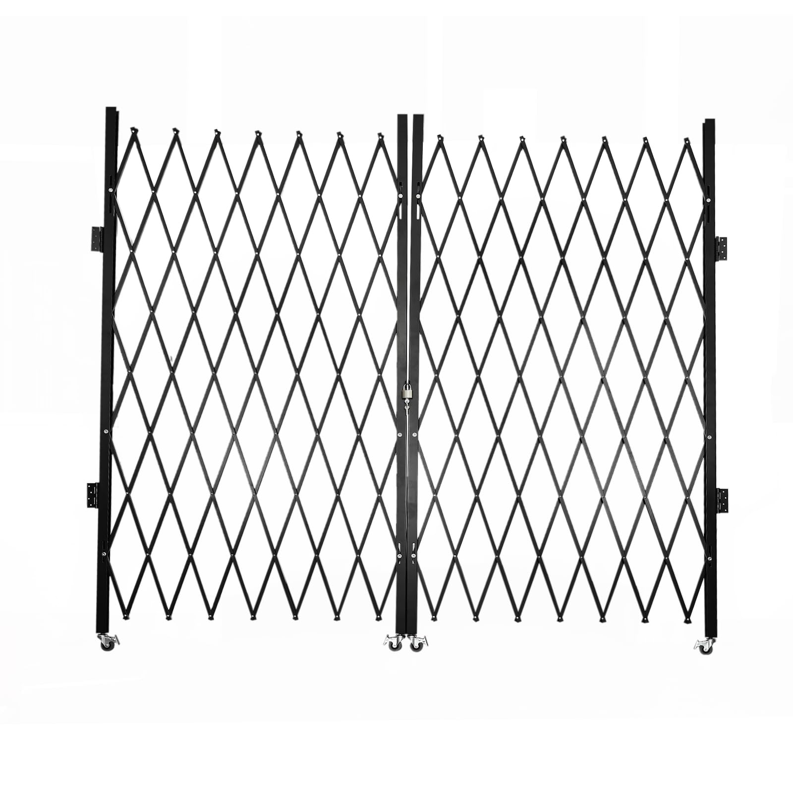 Double Folding Security Gate, 12 x7.22Ft Retractable Driveway Door W/ 4 Wheels, Steel Accordion Design, Expandable Security Barrier, Lockable Garden Gate for Basements, Garages