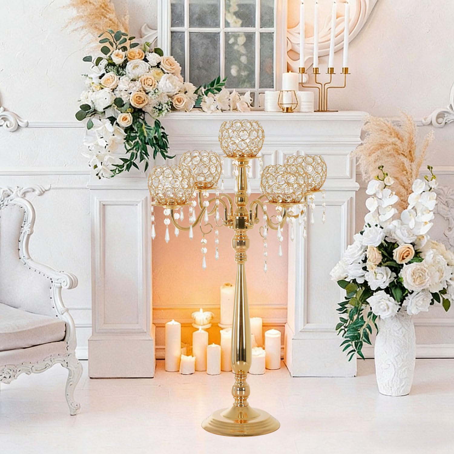 4 paquetes de candelabros de cristal de 5 brazos para centro de mesa de boda, juego de portavelas dorado con cuentas de cristal, aniversario, cena, fiesta, decoración de mesa, candelabros de mesa