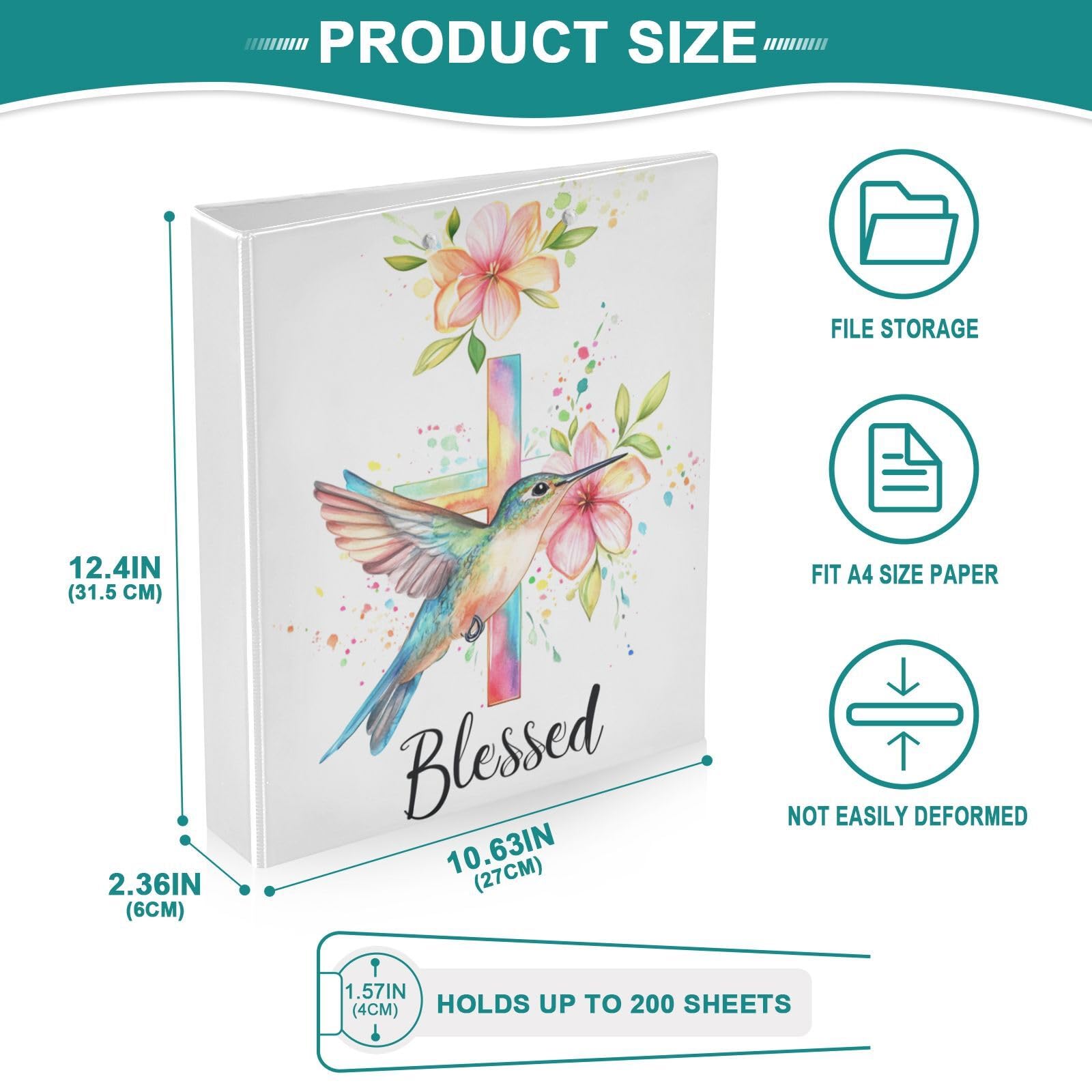 Raccoglitore con citazione a forma di colibrì floreale, 3,8 cm, 3 anelli con portablocco e 2 tasche, grandi e resistenti, raccoglitore decorativo ad anelli a D, flessibile, con copertina