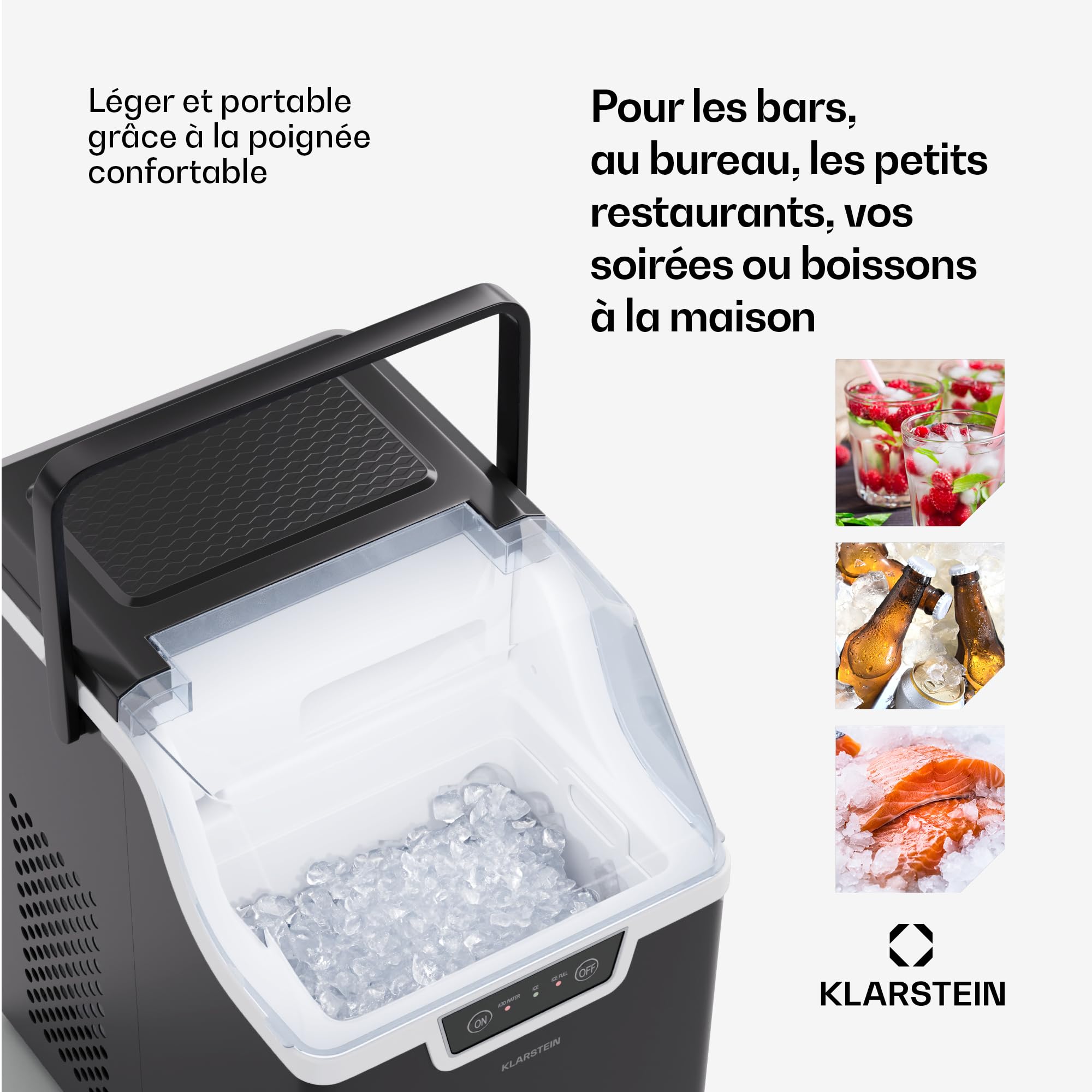 Klarstein Machine a Glacons, Machine à Glacons pour la Maison, Machine a Glacon 200W, 1,7 litres, Fonctionnement Rapide 4 min, Ice Maker 12kg de Glace, Portable, Machines à Glaçons Autonettoyante