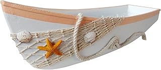 Attraction Design Wooden Boat Tray Decor, 17"L Canoe Boat Tray Display with Fish Net Starfish Seashell Accents White Beach Nautical Theme Decor