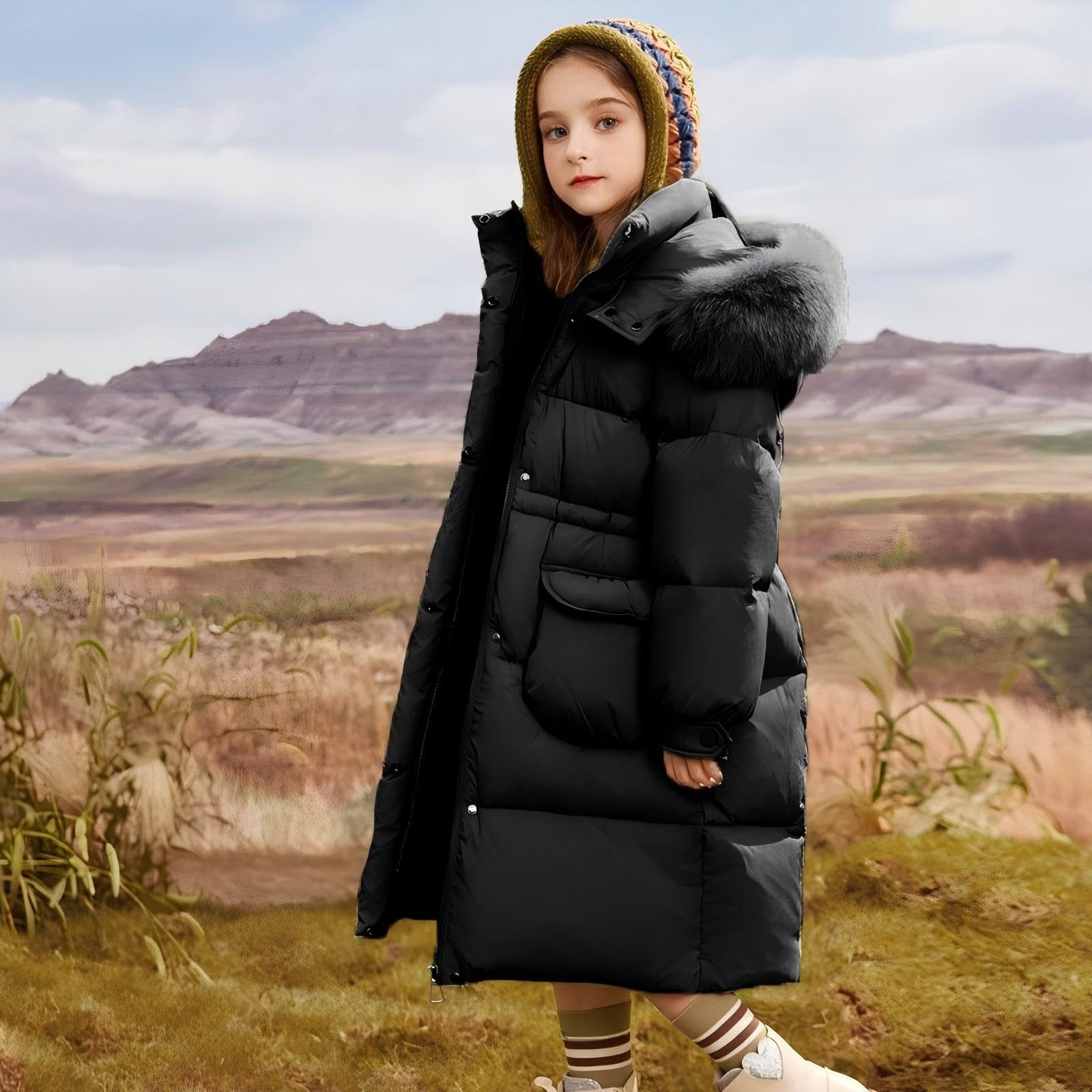 Enfant Fille Manteau mi Long à Capuche Fourrure Doudoune Matelassé Veste Hiver Chaud Parka Rembourré Blouson Coupe Vent