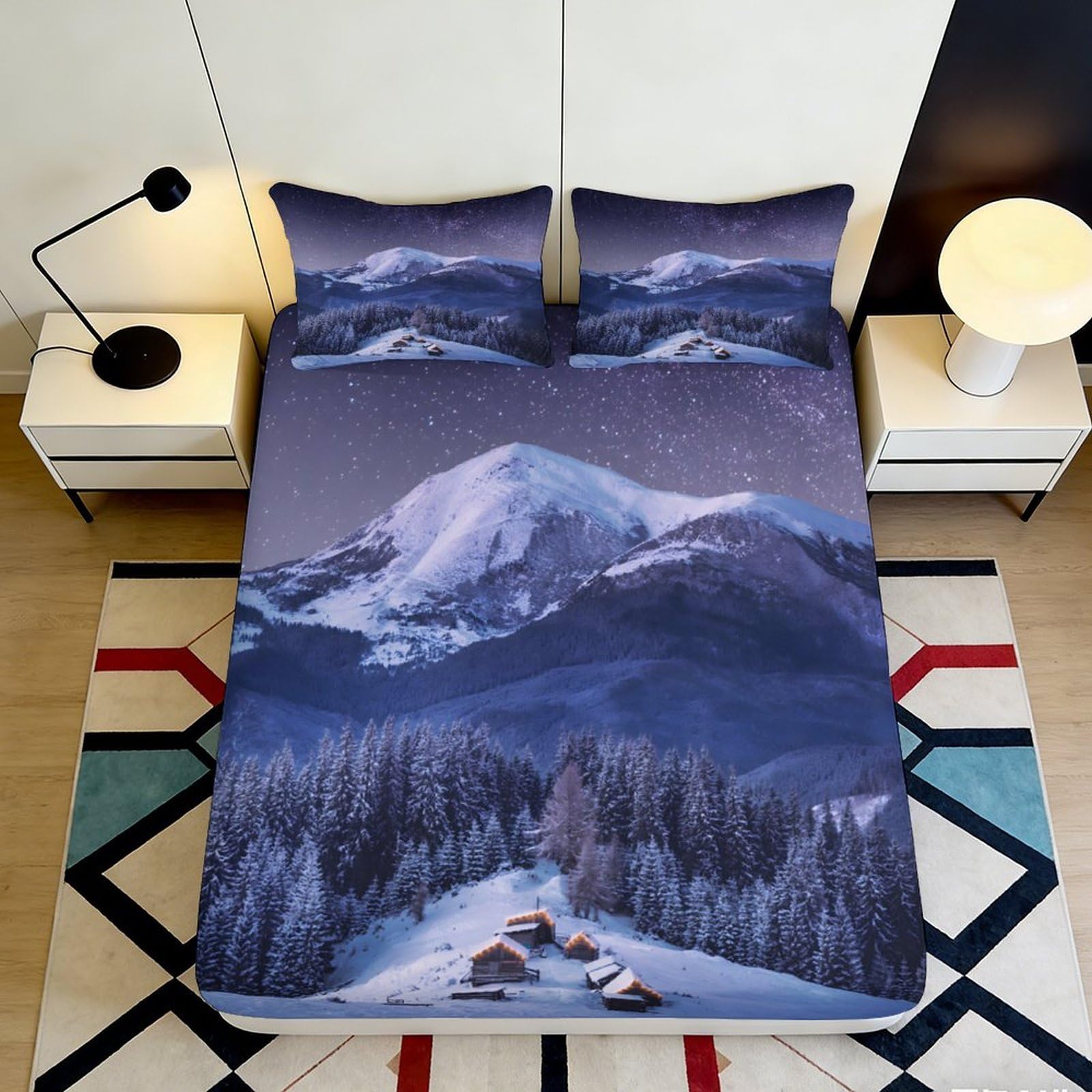 3D Printed Snowy Mountain Fitted Sheet Microfiber Soft Breathable Winter Landscape Mattress Cover for Bedroom Dormitory Guest Room Protection 180x200x25cm