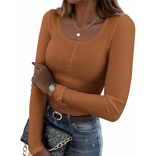 Zeagoo Women's Long Sleeve Shirts Casual Square Neck Tops Slim Fit Rib Knit Basic Tee 2025 Fall Summer Clothes