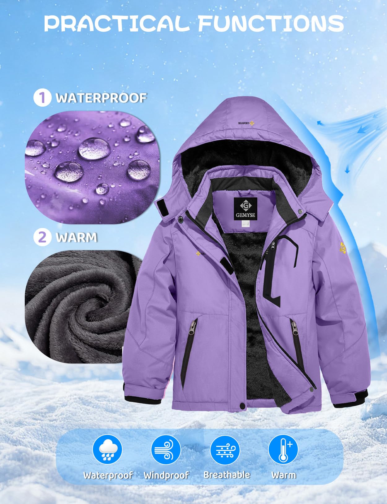 GEMYSE Veste de Ski Imperméable de Montagne pour Fille Manteau d'hiver Extérieur en Polaire Coupe-Vent avec Capuche