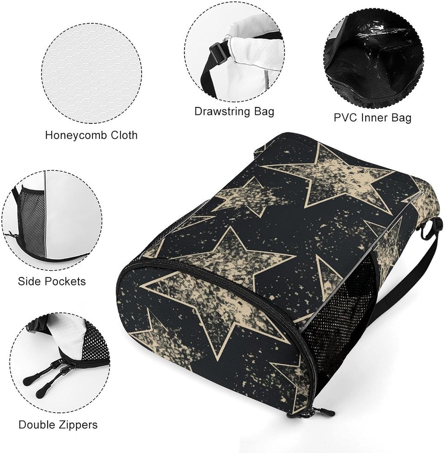 Star Drawstring Backpack with Wet Pocket - Large Capacity Gym Bag with Shoe Compartment & Mesh Pockets, Adjustable Lightweight Gym Backpack for Swimming, Travel, Workout