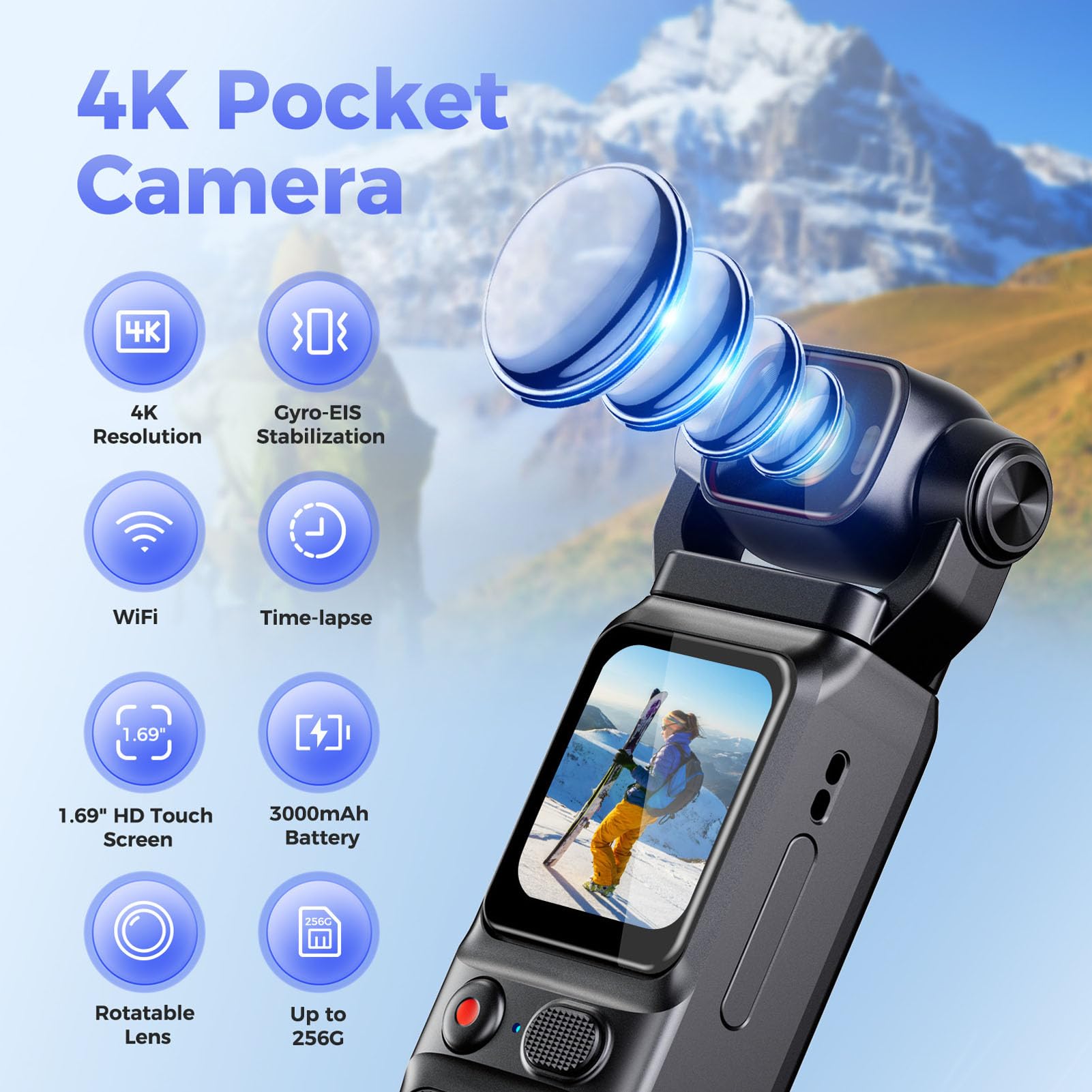 Denash Caméra Vlog 1080p, Cam avec Stabilisation Numérique et écran 1,69 Pouces avec Objectif Rotatif à 180°, Caméscope avec Stabilisation Gyroscopique à 6 Axes pour Vidéos en Extérieur pour Vlogging