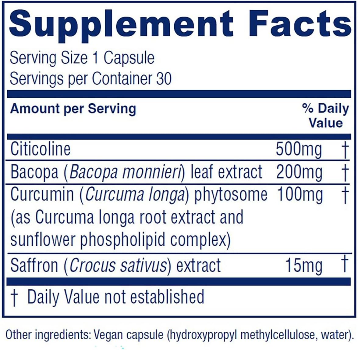 Vitanica Brain Priority - Brain Health Supplement and Cognition Support with Nootropic Citicoline, and Bacopa, Curcumin, and Saffron - Supports Memory, Focus, and Clarity - Vegan - 30 Capsules