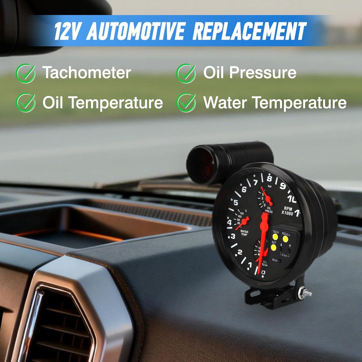 MACHSWON 5 inch Tachometer Gauge Kit Car Motor 4 in 1 RPM Meter 12V LED with Seat and Adjustable Shift Light Oil Press Water Oil Temp Sensor