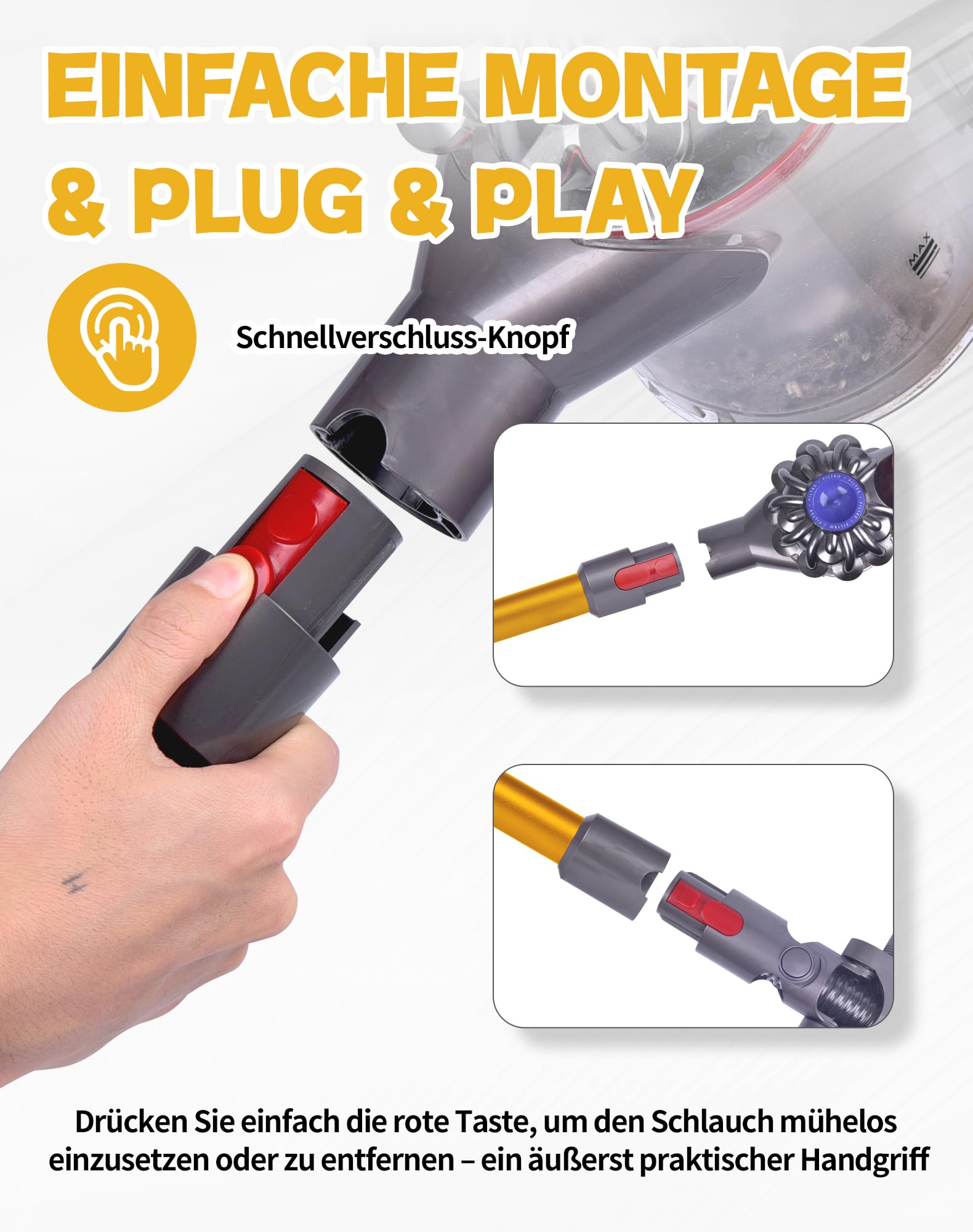 Verlängerungsrohr für Dyson V7 V8 V10 V11 V15 – Ersatz-Rohr aus Aluminium, Schnellverschluss, Robust & Leise, 72.5 cm, Gelb