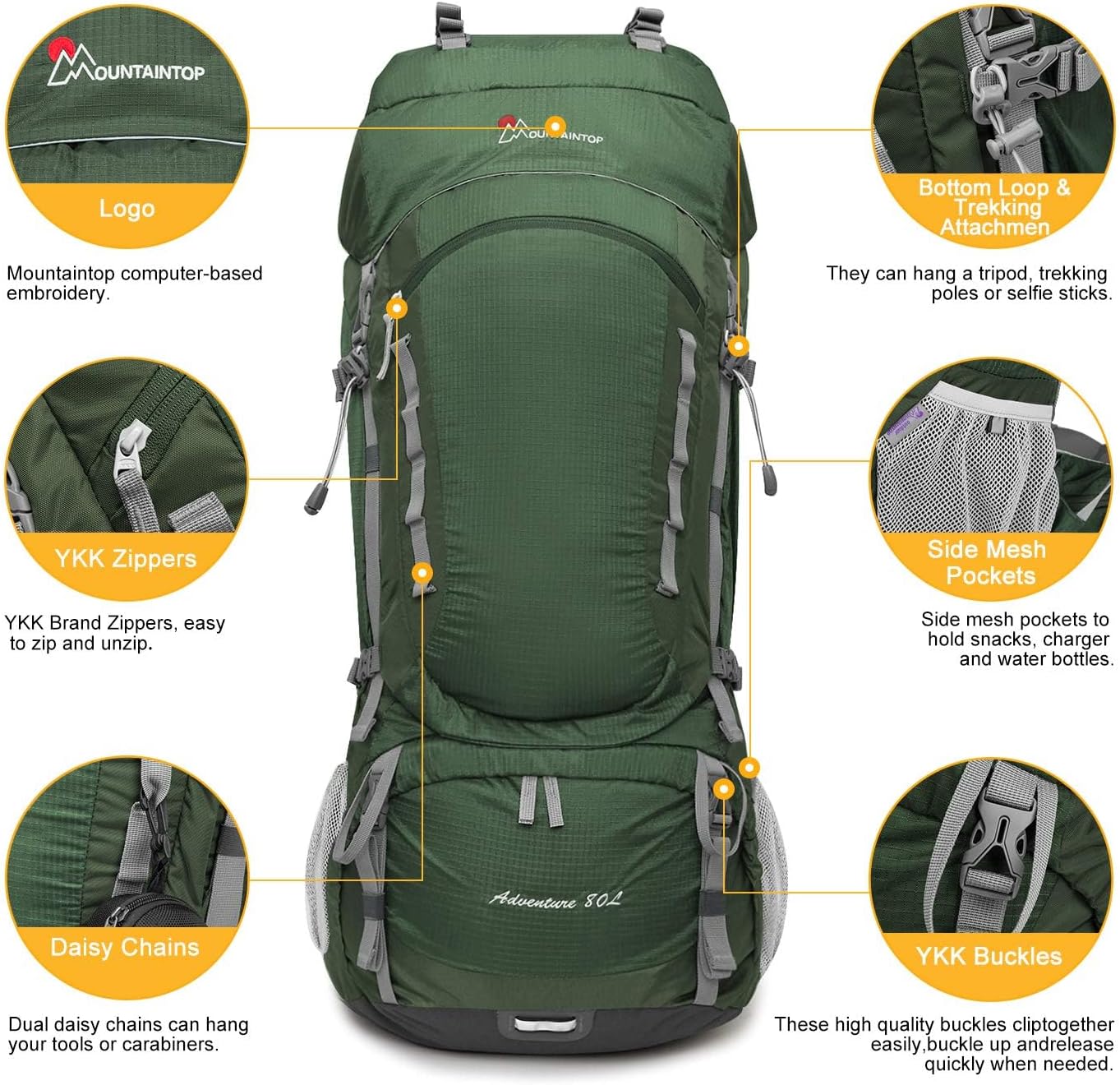 MOUNTAINTOP 80L Internal Frame Hiking Backpack for Man & Women Backpacking with Rain Cover