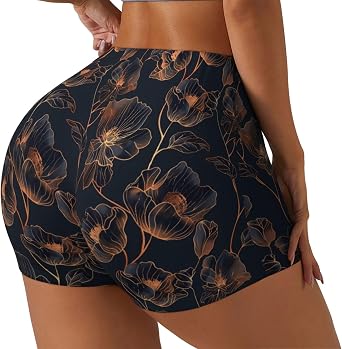 Copper-Gold Thread Flowers b Print Workout Shorts for Women