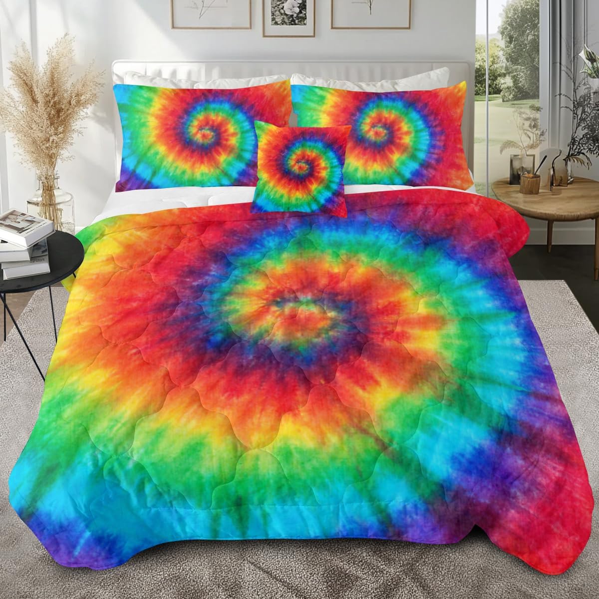 Sleepwish Rainbow Tie Dye Comforter Set Twin Size Colorful Boho Bedding Trippy Hippie Quilt Set 4 Piece with 2 Pillow Shams, 1 Cushion Cover