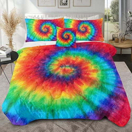 Sleepwish Rainbow Tie Dye Comforter Set King Size Colorful Boho Bedding Trippy Hippie Quilt Set 4 Piece with 2 Pillow Shams, 1 Cushion Cover