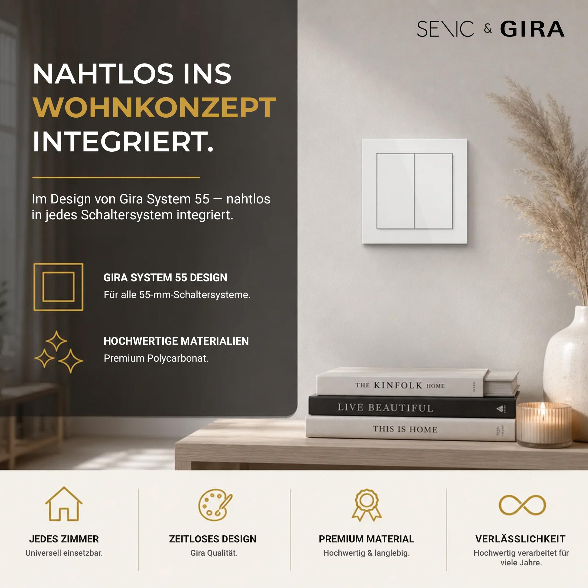 Senic Friends of Hue Smart Home Lichtschalter weiß | Kabelloser & batterieloser Hue Schalter und Dimmer für Philips Hue (Zigbee) | Smart Switch flexibel montierbar & dimmbar