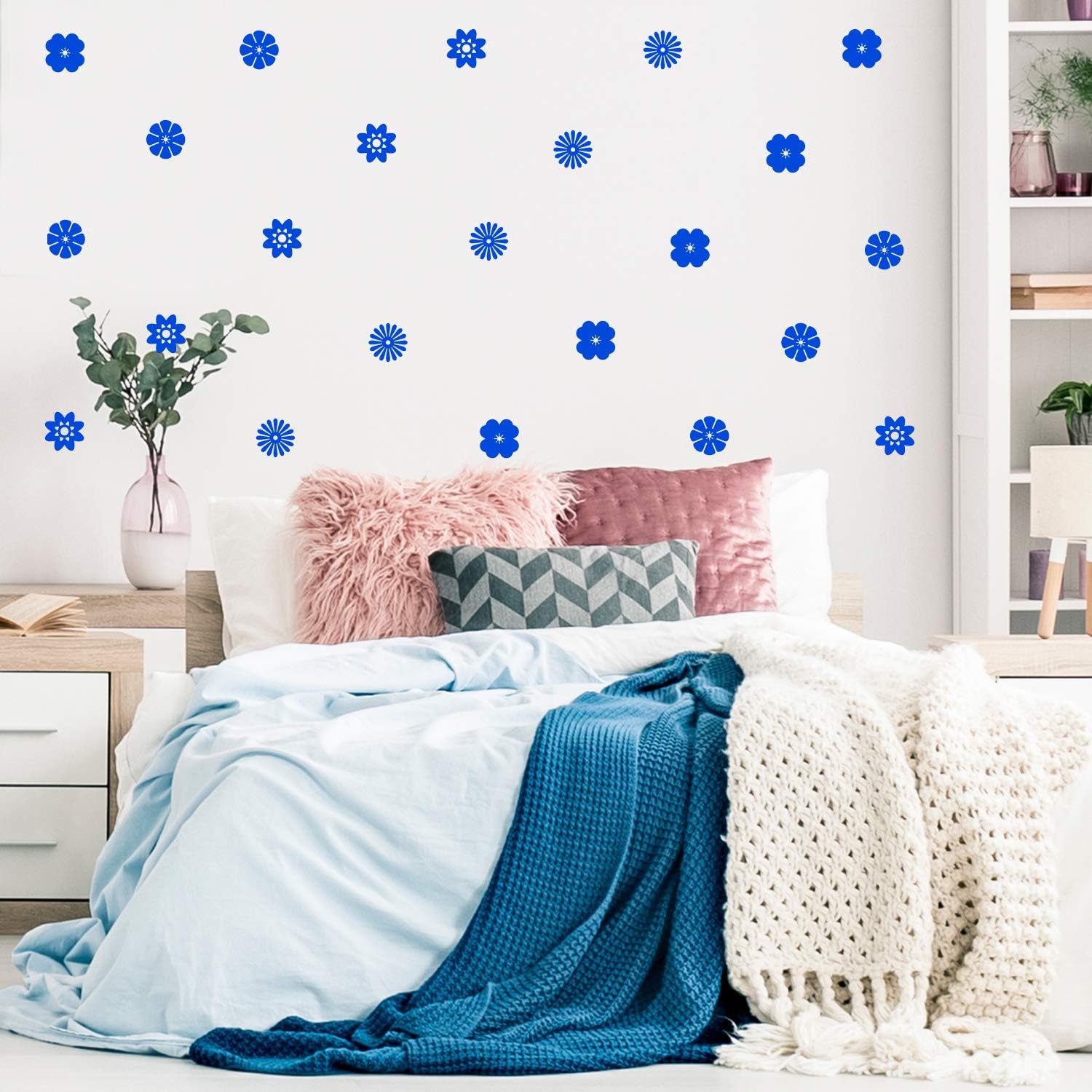 Set of 32 Vinyl Wall Art Decal - Variety of Flower Patterns - 3 x 3 Each - Bedroom Living Room Office Dorm Room Girly Wall Decoration - Cute Trendy Apartment Wall Decor (3 x 3 Each, Blue)