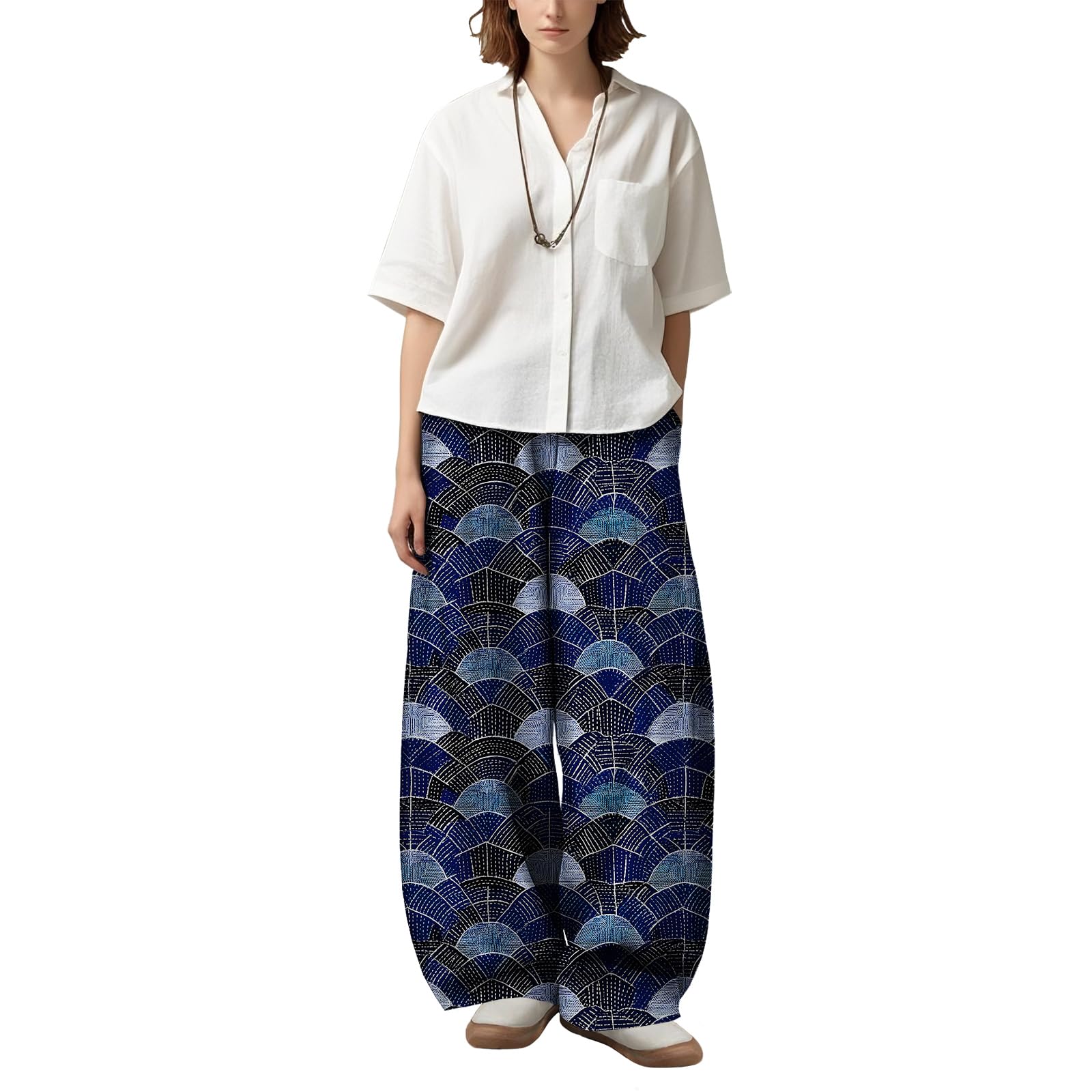 Womens Floral Print High Waist Wige Leg Pants Summer Casual Baggy Plus Size Elastic Stylish Lantern Trousers