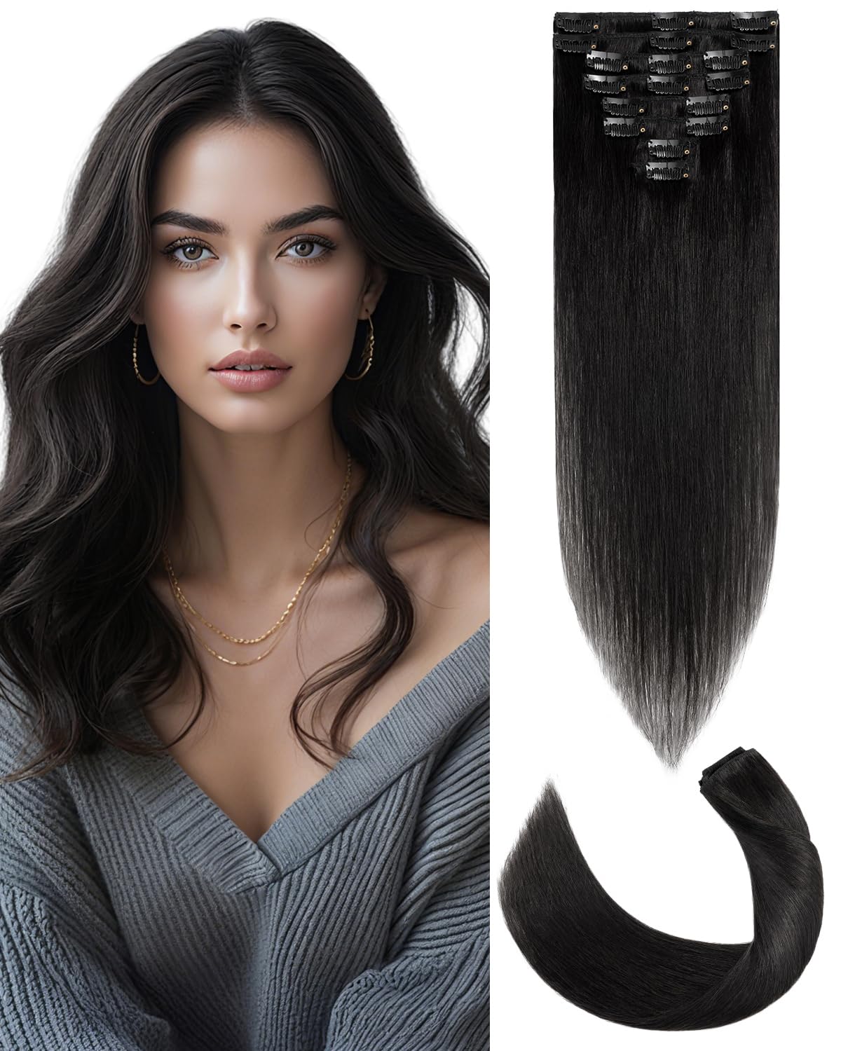 SLEEKALON Hair Extensions Clip in Real Human Hair Remy #1 Jet Black - 16 Inch 65 Gram 8 Pcs Invisible Full Head Weft Straight