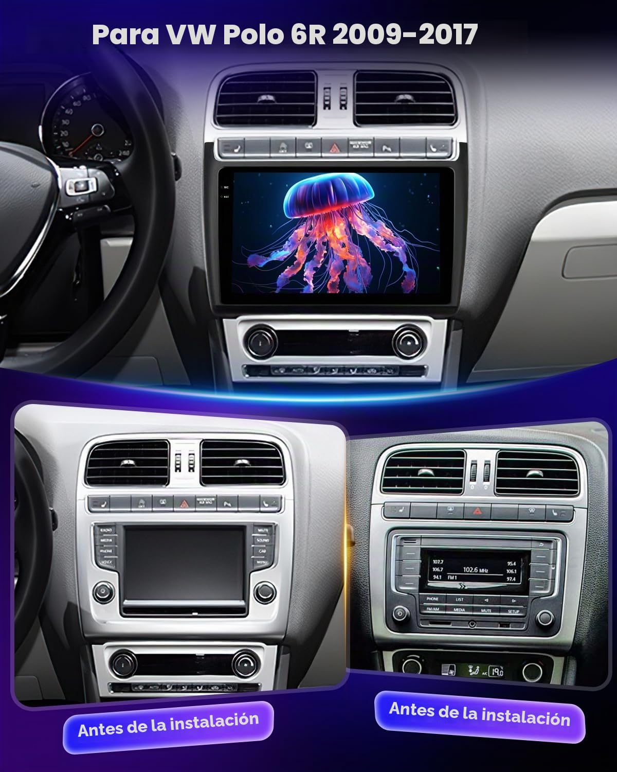 NHOPEEW 4+128G Android Radio para Coche para VW Polo 6R 2009-2017 con Carplay y Android Auto - Pantalla incell de 9 Pulgadas Compatible con WiFi GPS Control en el Volante + Cámara de Marcha atrás